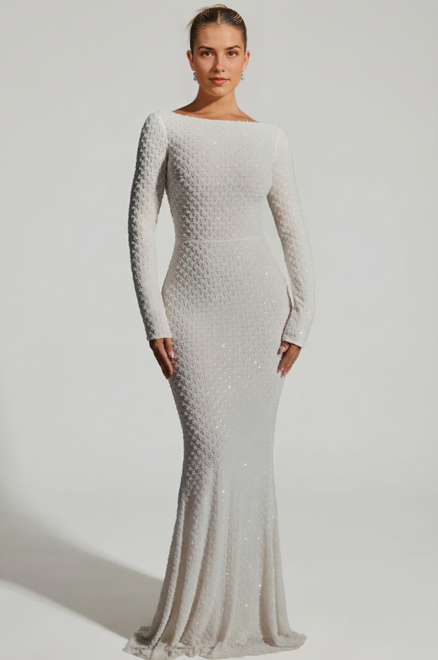 Embellished Open-Back Gown in White