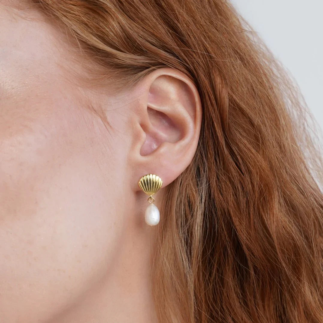 Vioraia Freshwater Pearl & Gold Shell Earrings
