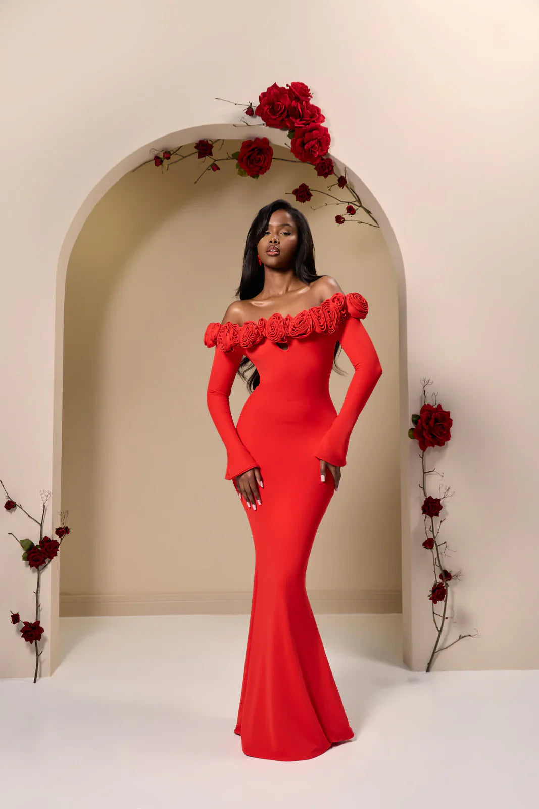 AINSLEIGH BARDOT ROSE MAXI DRESS | RED