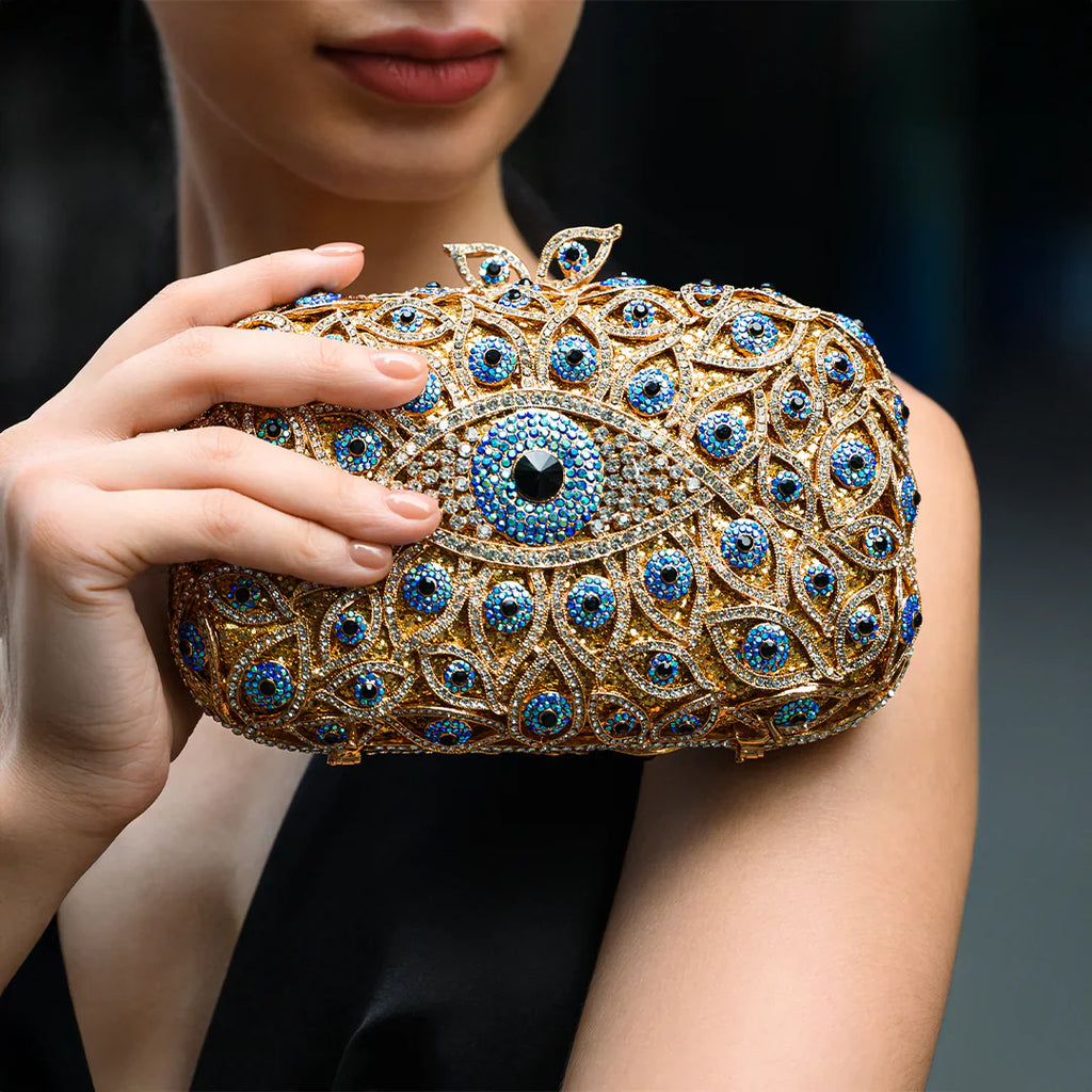 Vioraia Crystal Evil Eye Clutch Bag - Gold