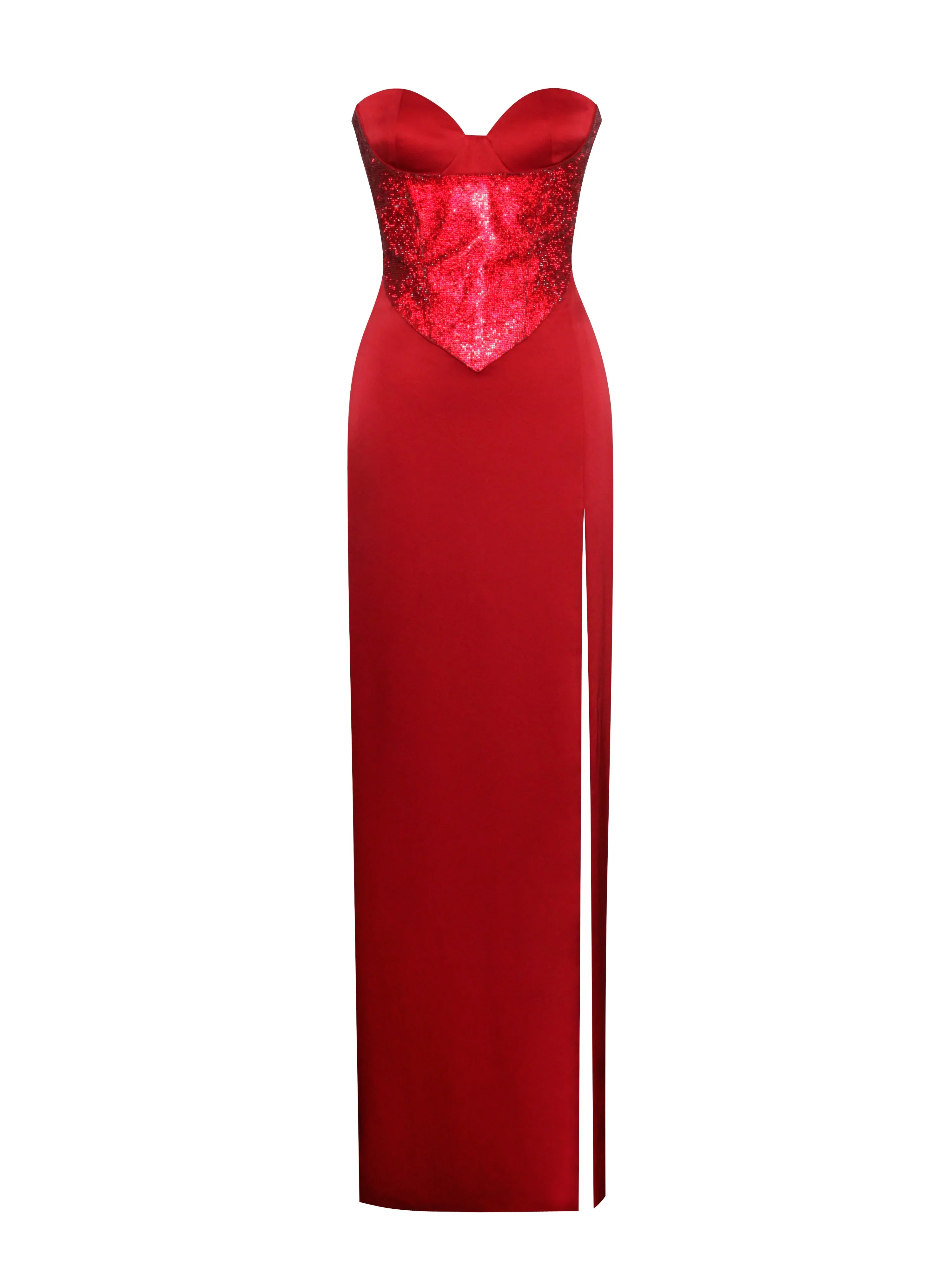 Kadesha Red Crystal High Slit Satin Corset Gown