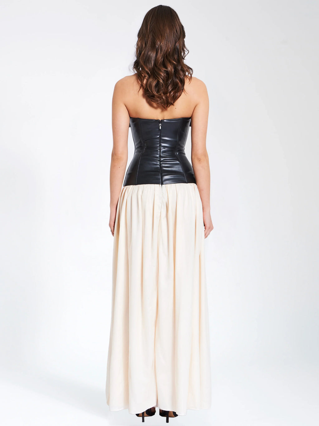 Maayan Black Vegan Leather Corset High Slit Drop Waist Maxi Dress