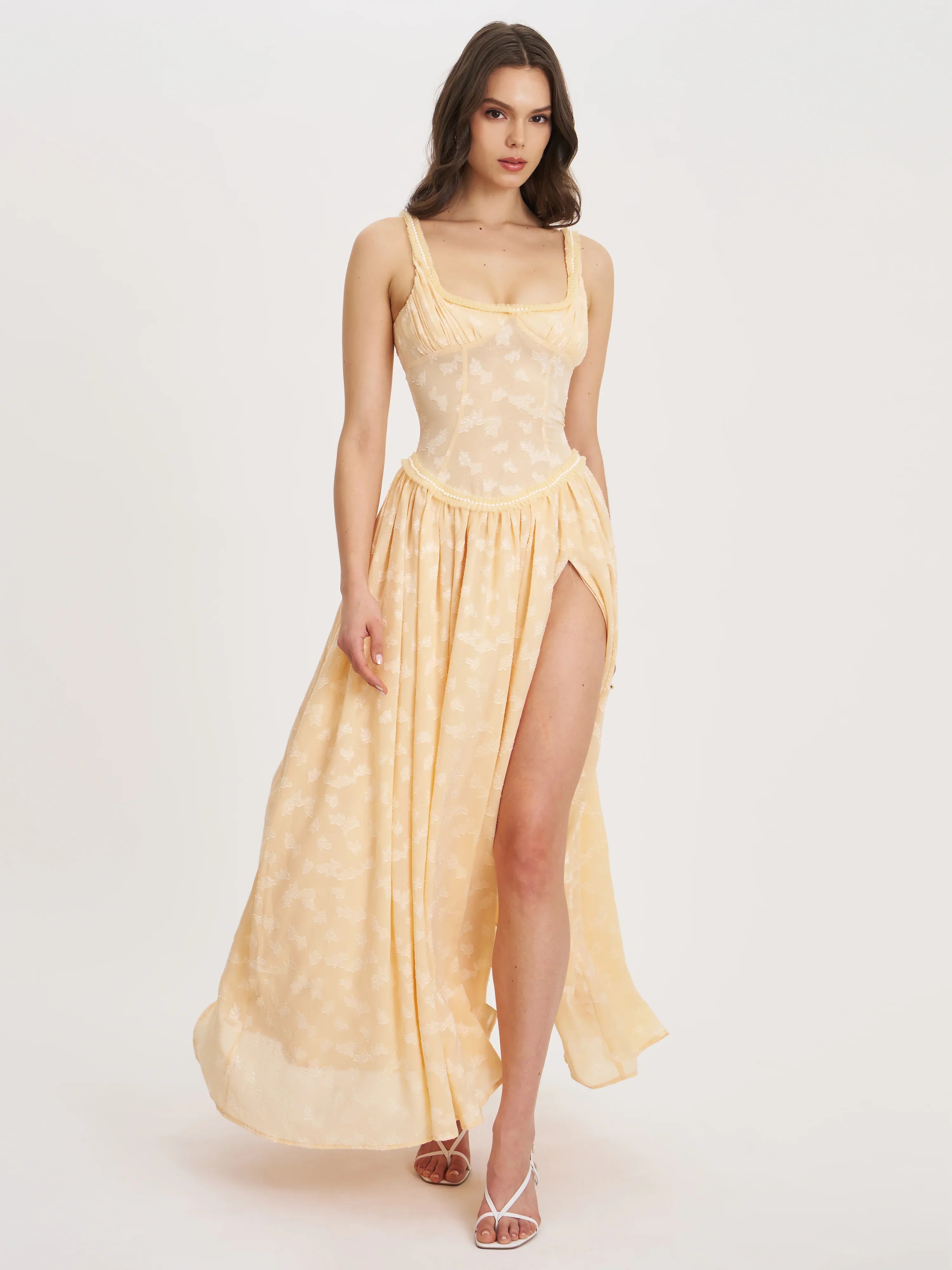 Ulissa Orange Square Neck Jacquard Textured High Slit Maxi Dress