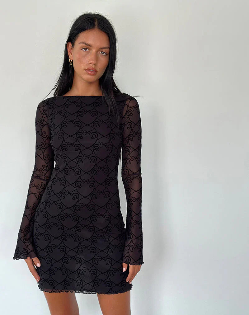 Sevila Long Sleeve Mini Dress in Black Queen of Heart Flock
