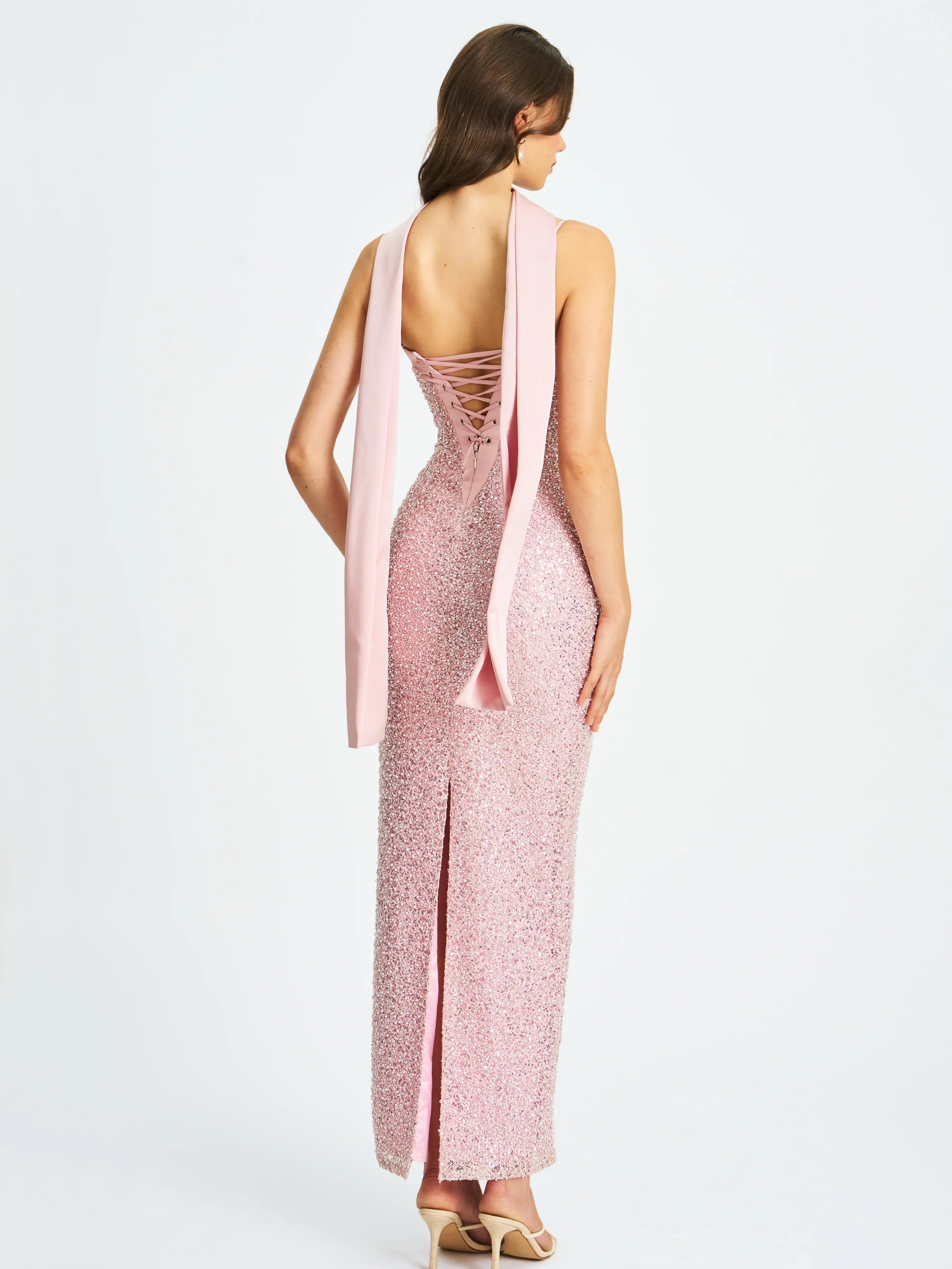 Raizel Pink Beaded Sequin Bodycon Gown with Scarf