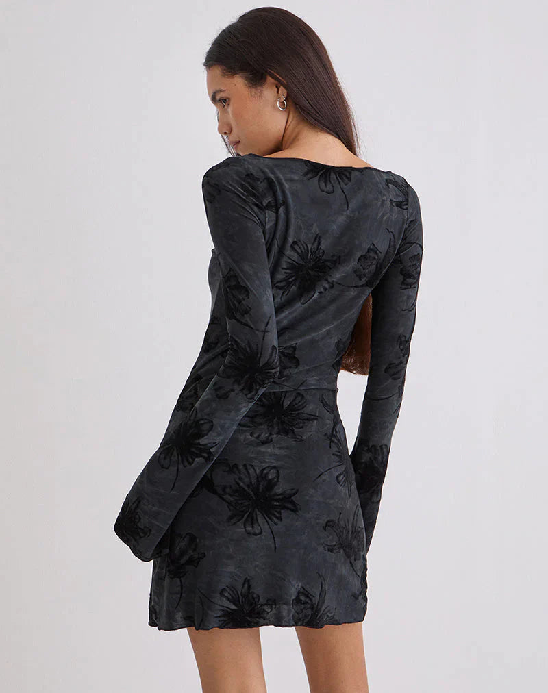 Sevila Long Sleeve Mini Dress in Burnout Velvet Grey