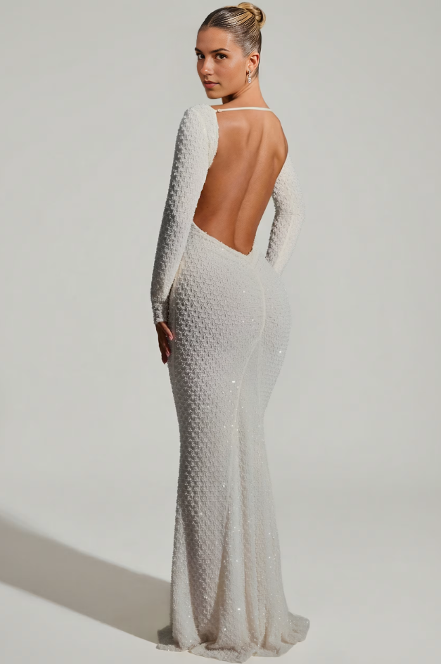 Embellished Open-Back Gown in White