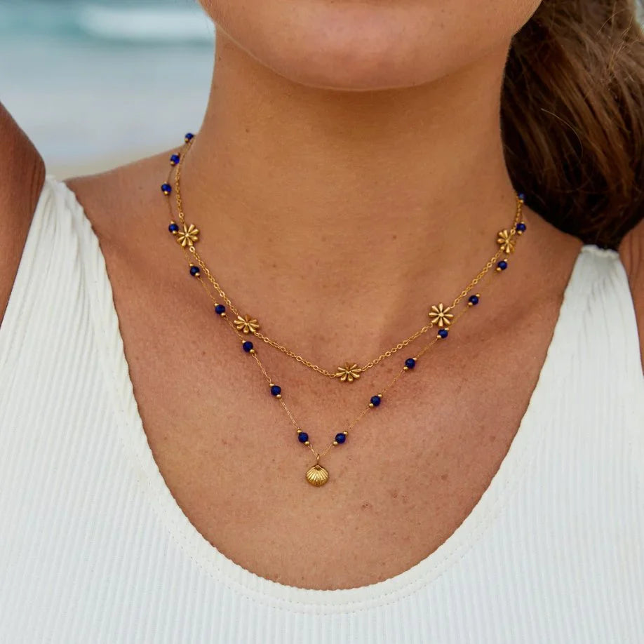 Vioraia Nerissa Gold Shell & Blue Bead Necklace