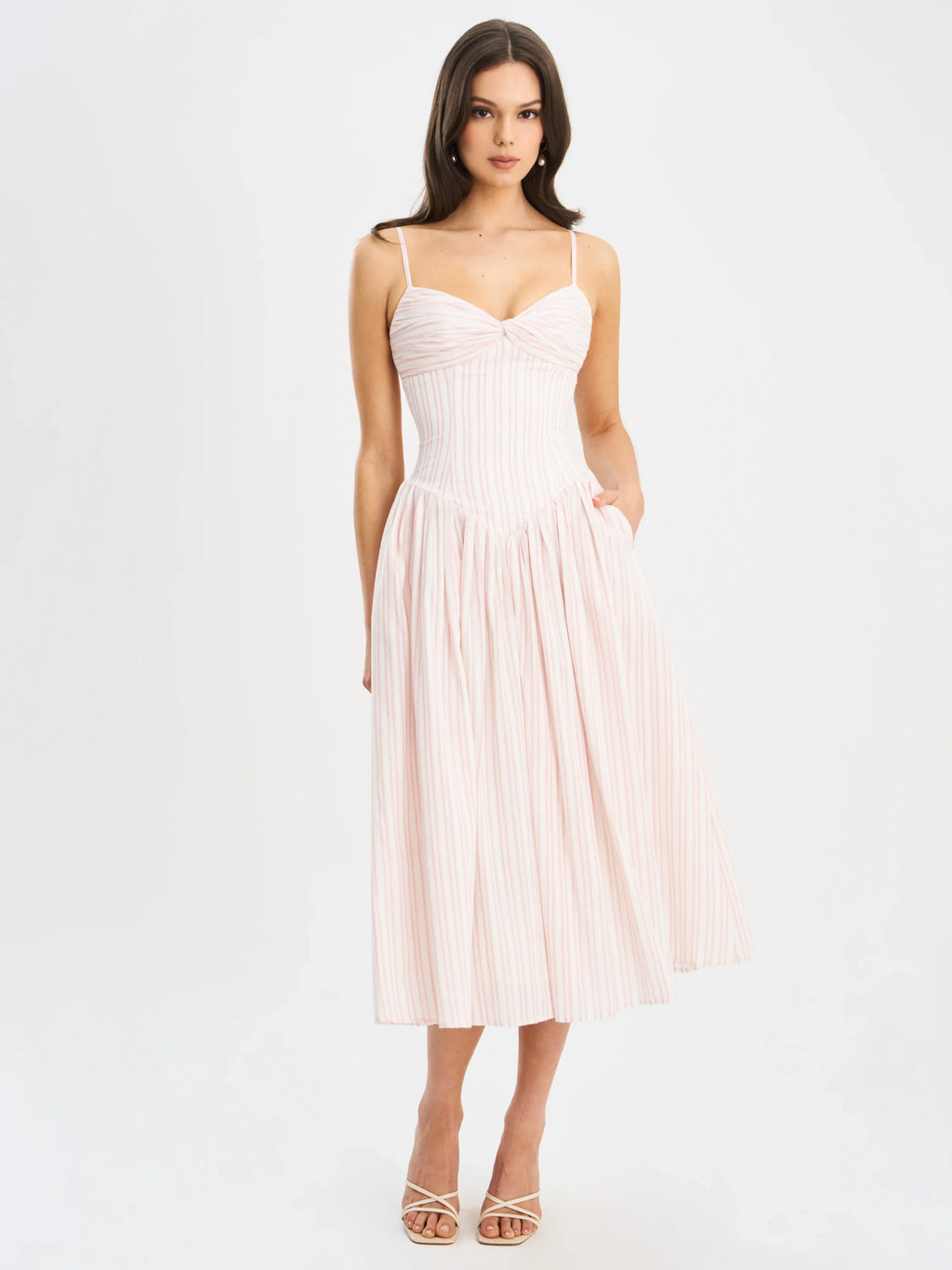 Zania Pink Stripe Ruched Breast Cotton Jacquard Midi Dress