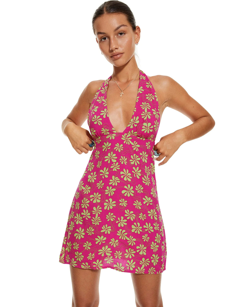 MOTEL X BARBARA Leana Mini Dress in 90s Beachy Floral Hot Pink