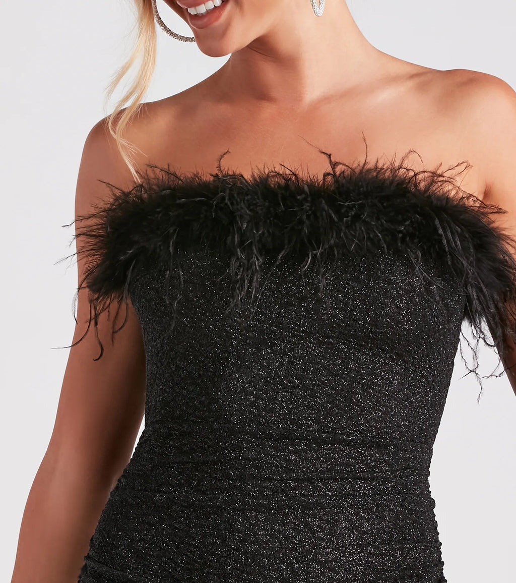 Radiant Glow Feather Trim Glitter Mini Dress