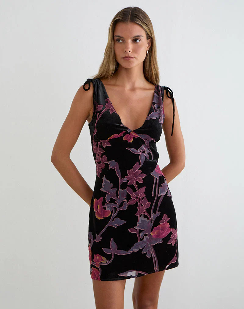 Rosmila Mini Dress in Black with Floral Devore Print