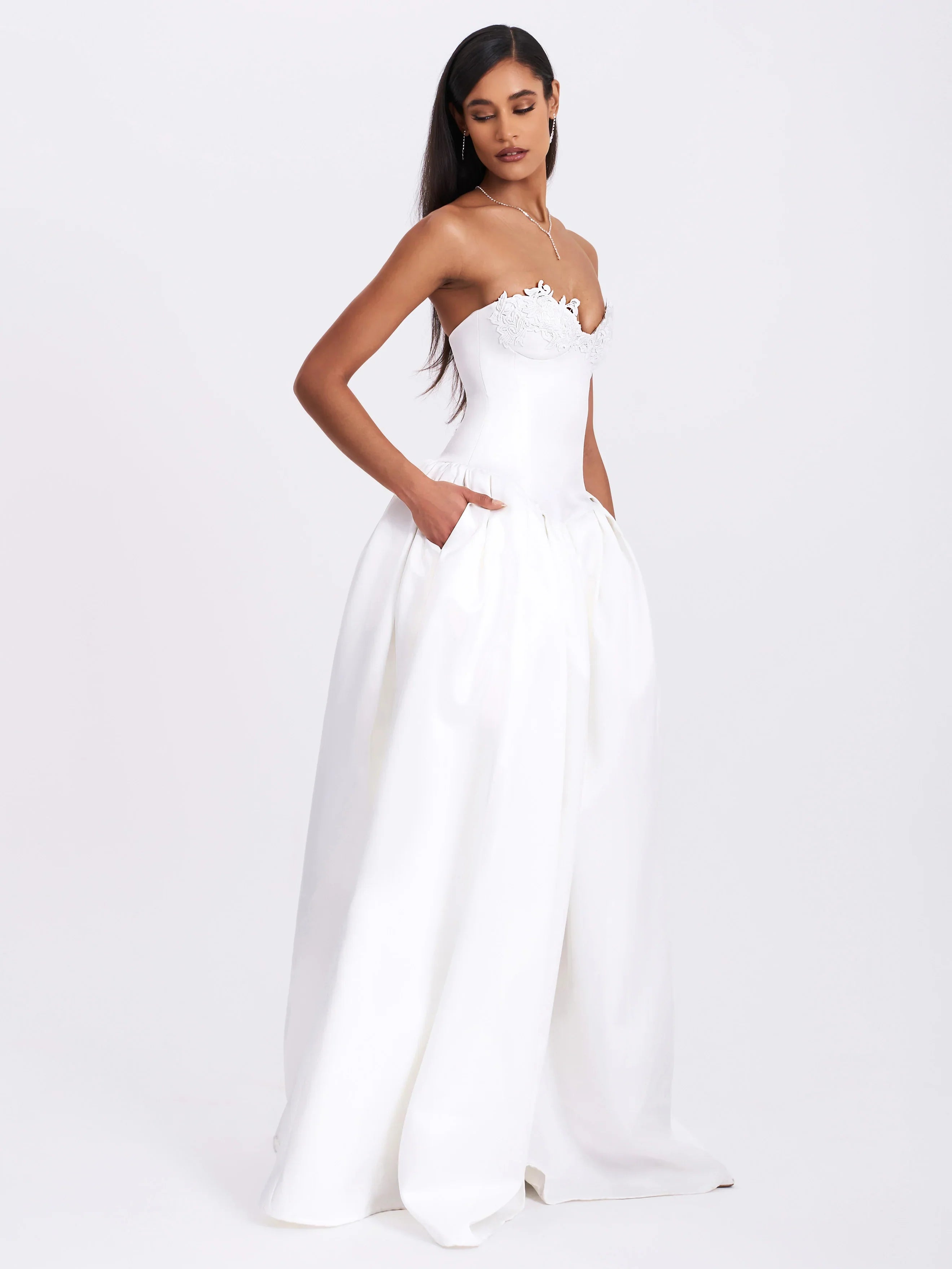 Naila Lace Trim Strapless Drop Waist Wedding Gown