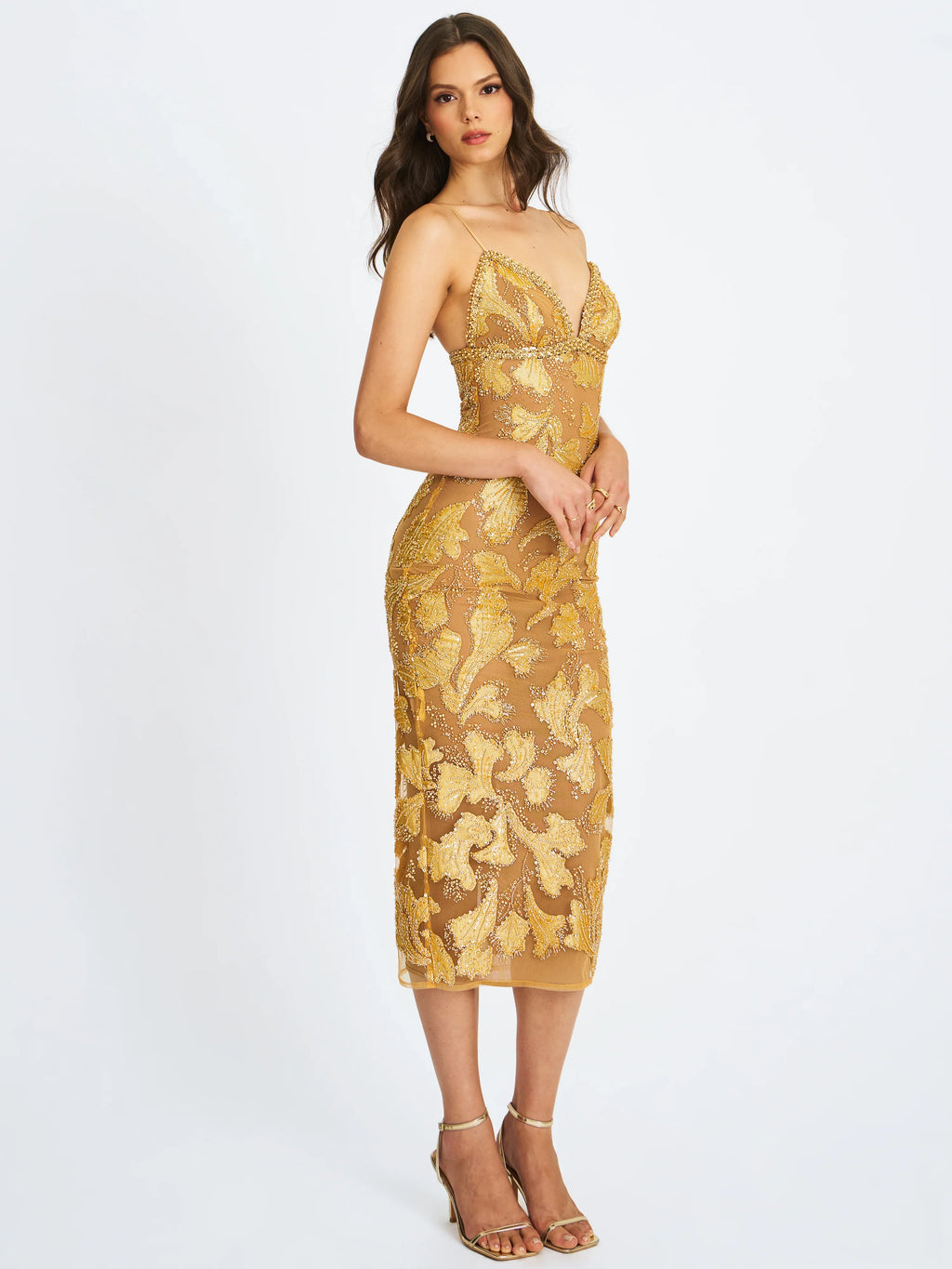 Edie Gold Beaded Sequin Midi Pencil Dress