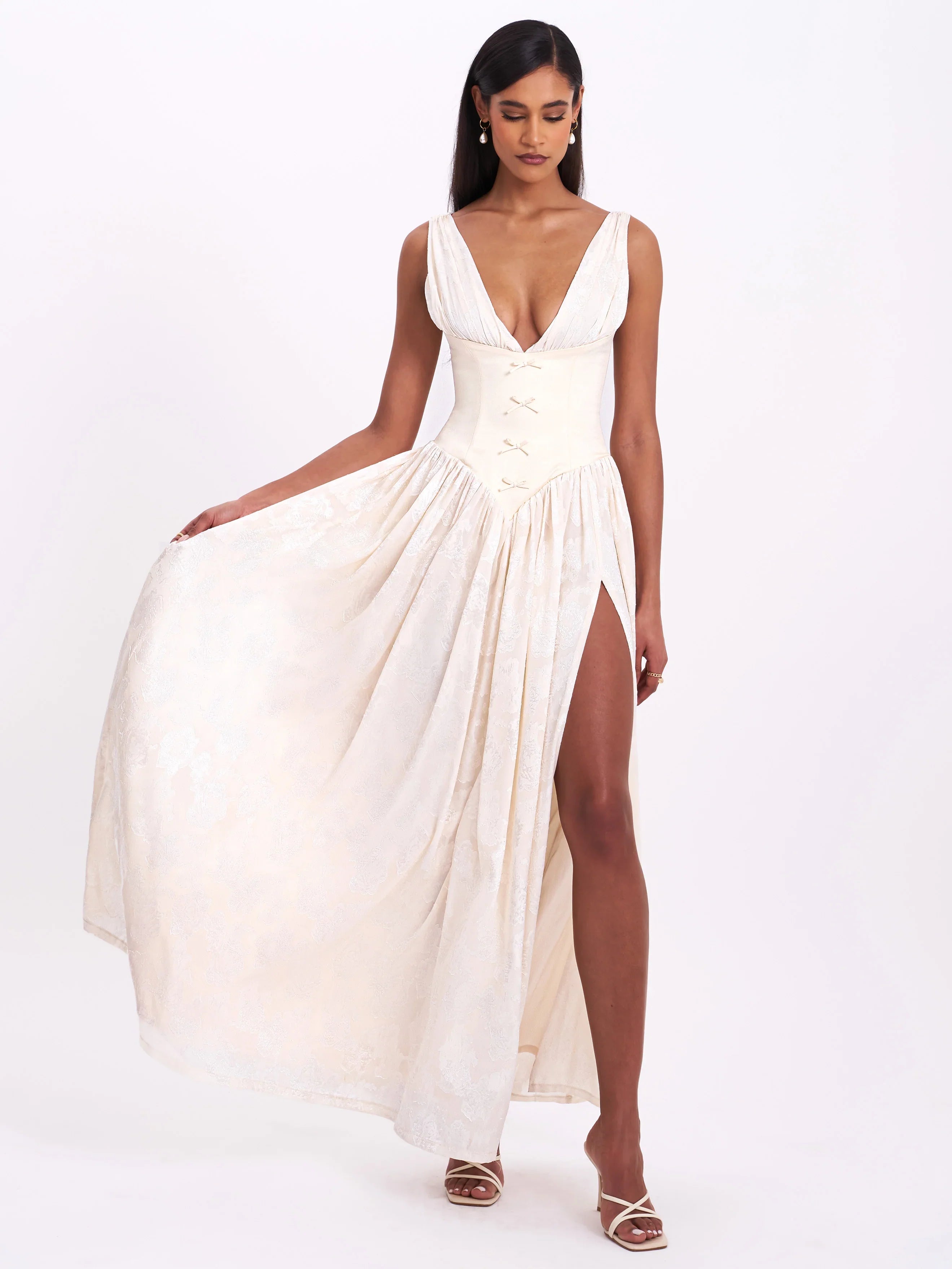 Sabrina Butter Yellow High Slit Jacquard Maxi Dress