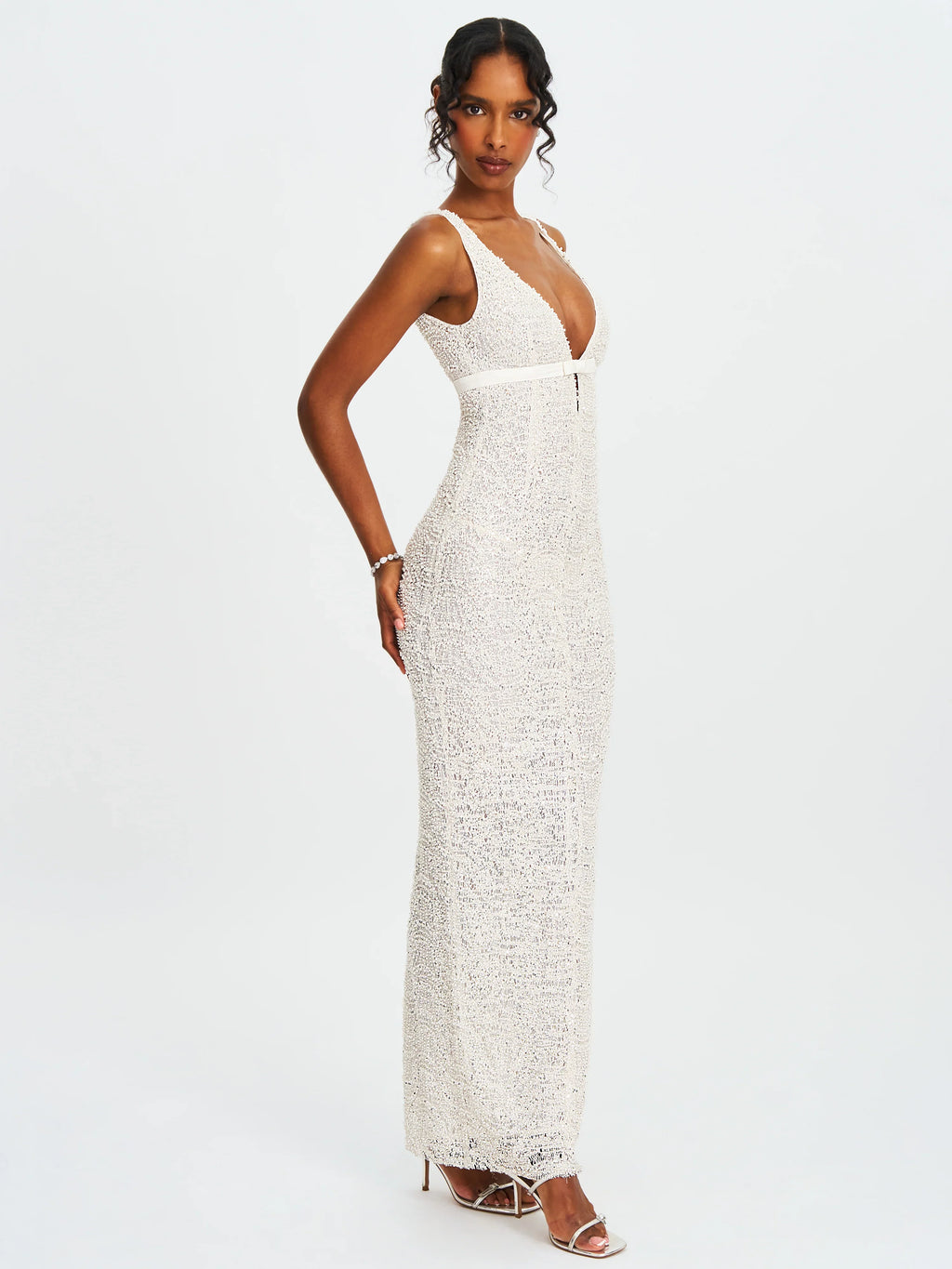 Adelaide White Beaded Sequin Net Bodycon Gown