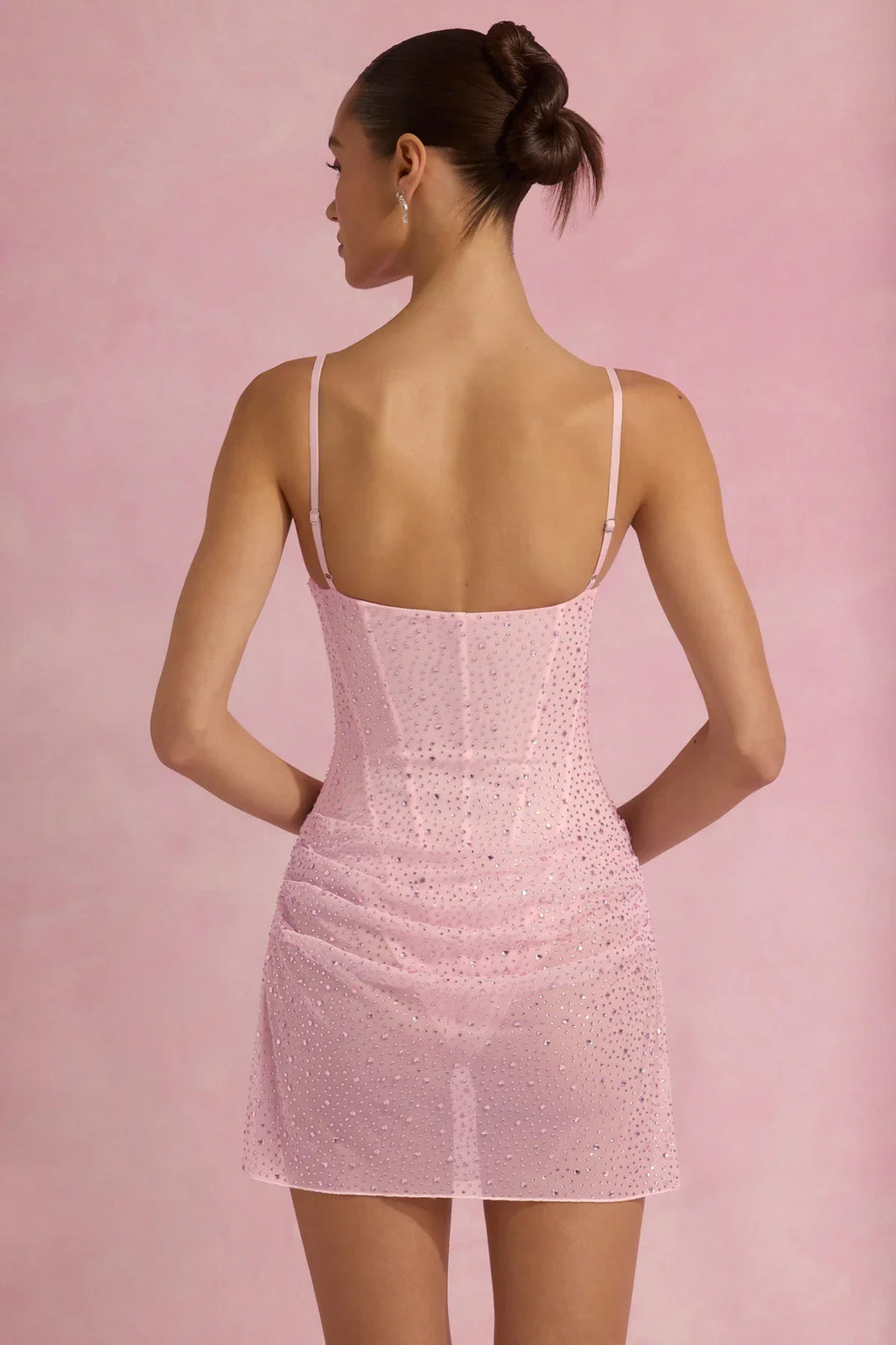 Semi-Sheer Draped Corset Mini Dress with Sparkling Embellishments in Pink