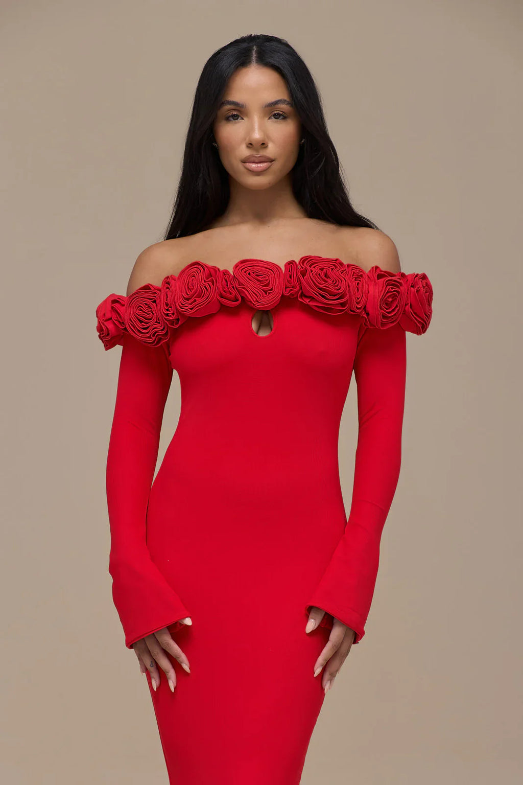 AINSLEIGH BARDOT ROSE MAXI DRESS | RED