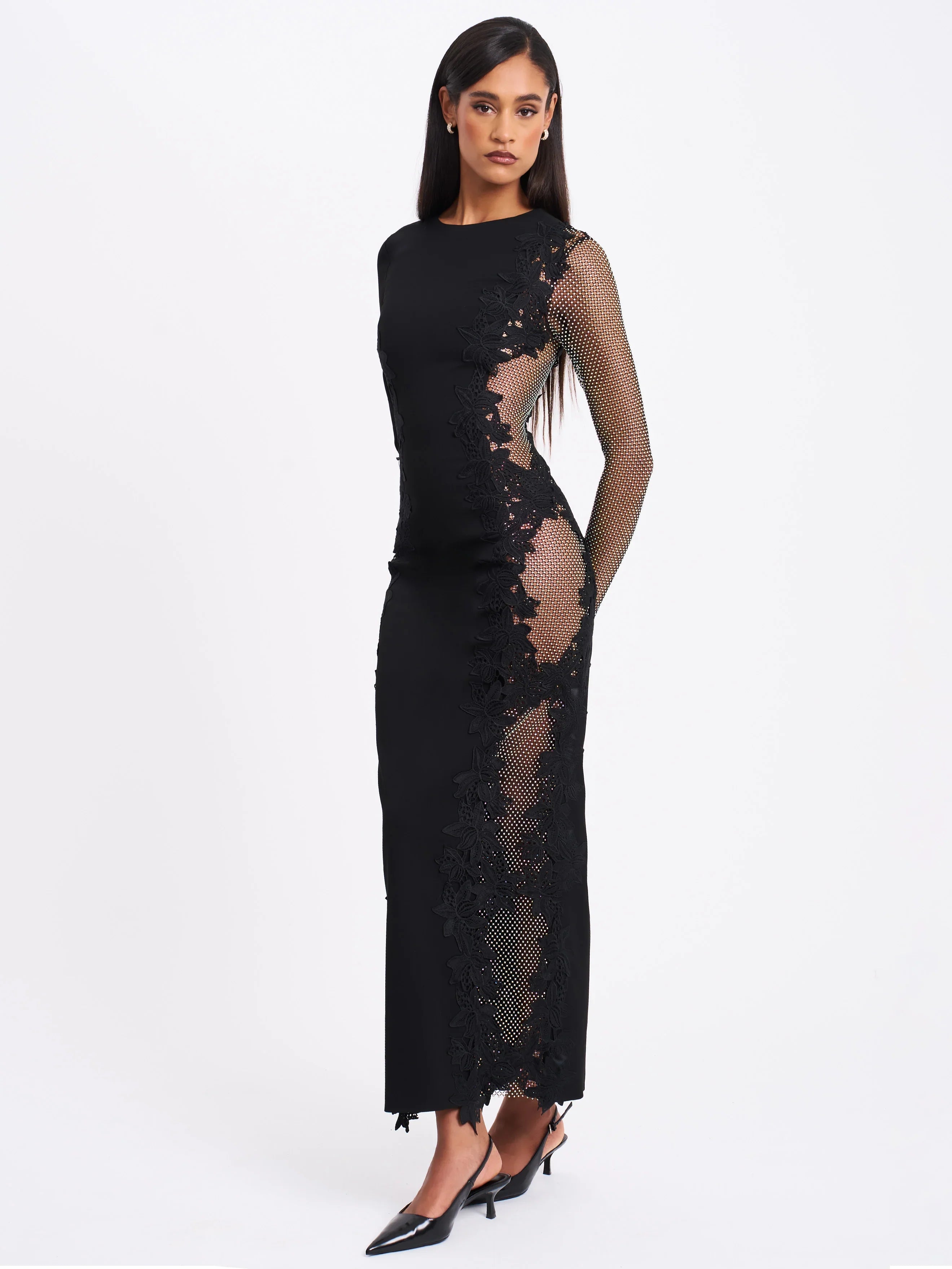 Bailey Lace Trim Crystal Net Cutout Long Sleeve Gown
