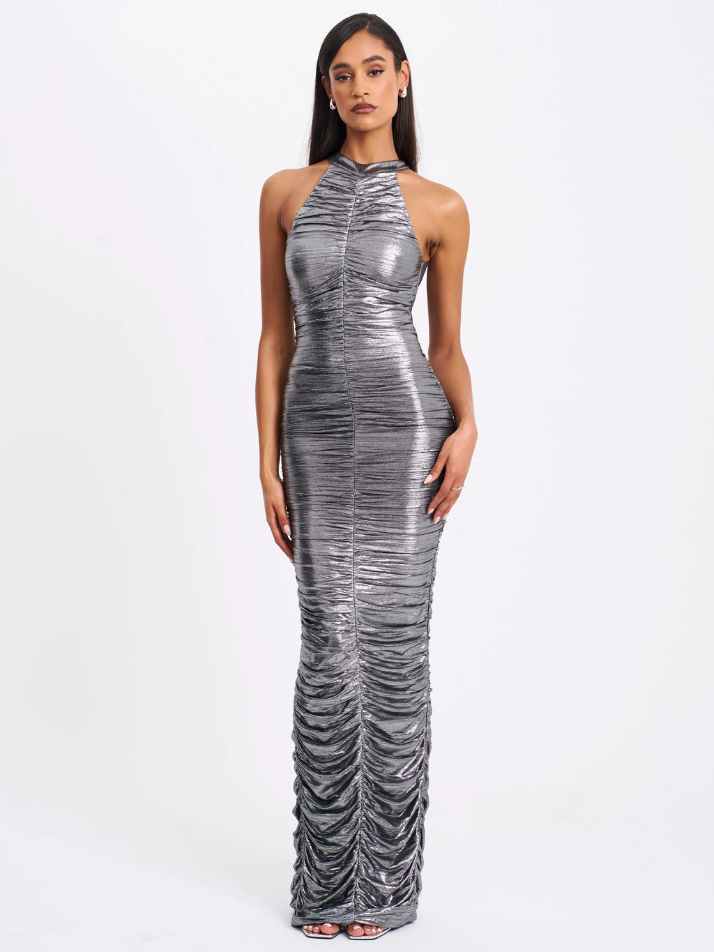 Abril Ruched Silver Glitter Backless Gown
