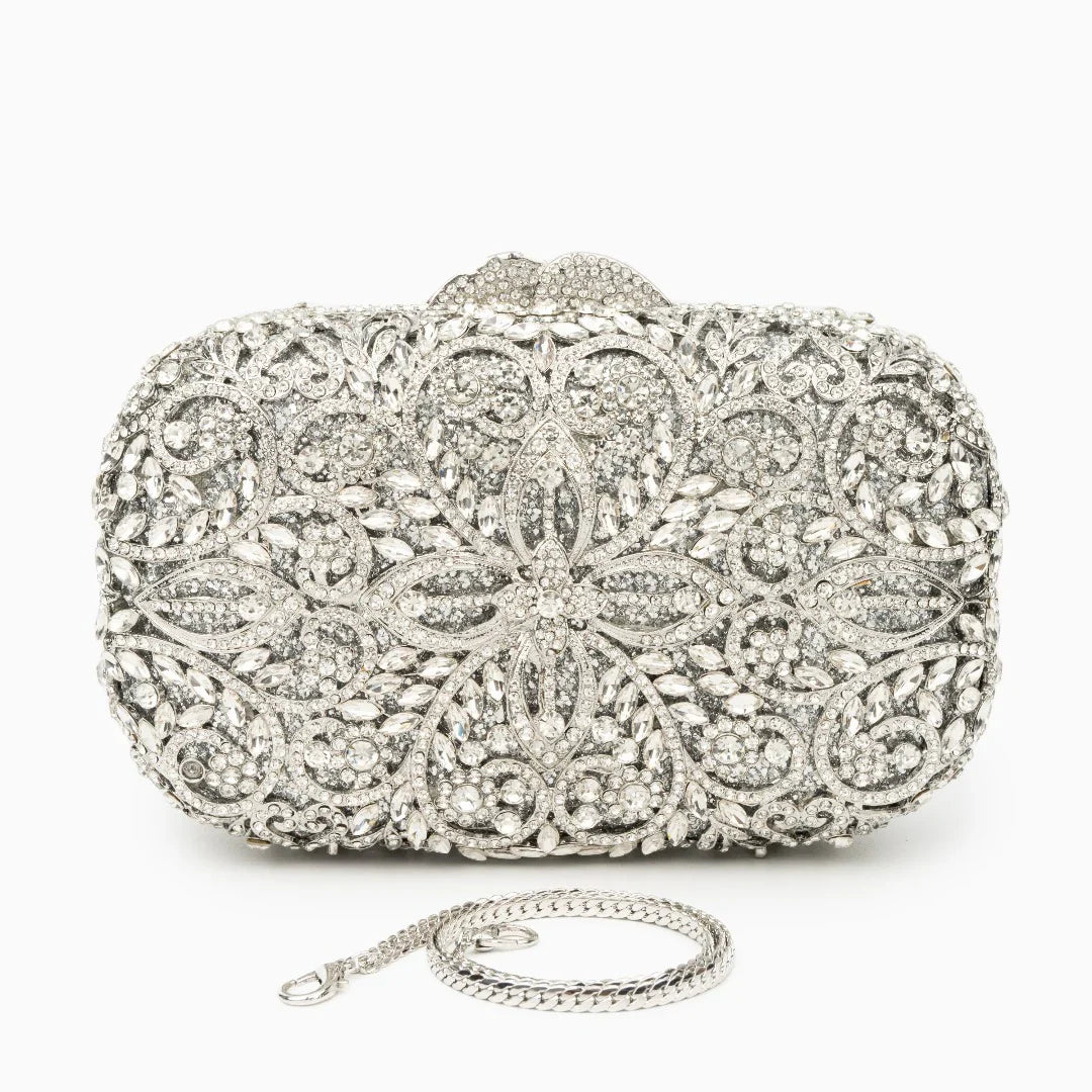 Vioraia Athena Flower Rhinestones Clutch Bag - Silver