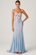 Embellished Corset Fishtail Gown in Floral Blue
