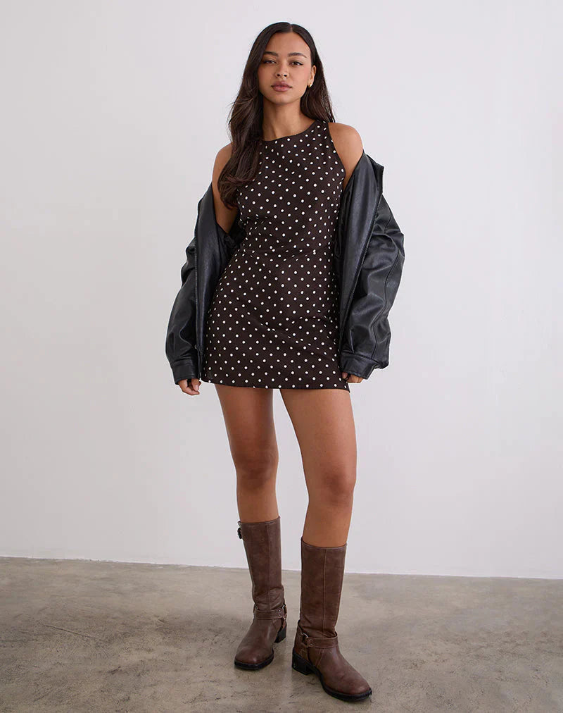 Ayana Open Back Mini Dress in Medium Polka Brown