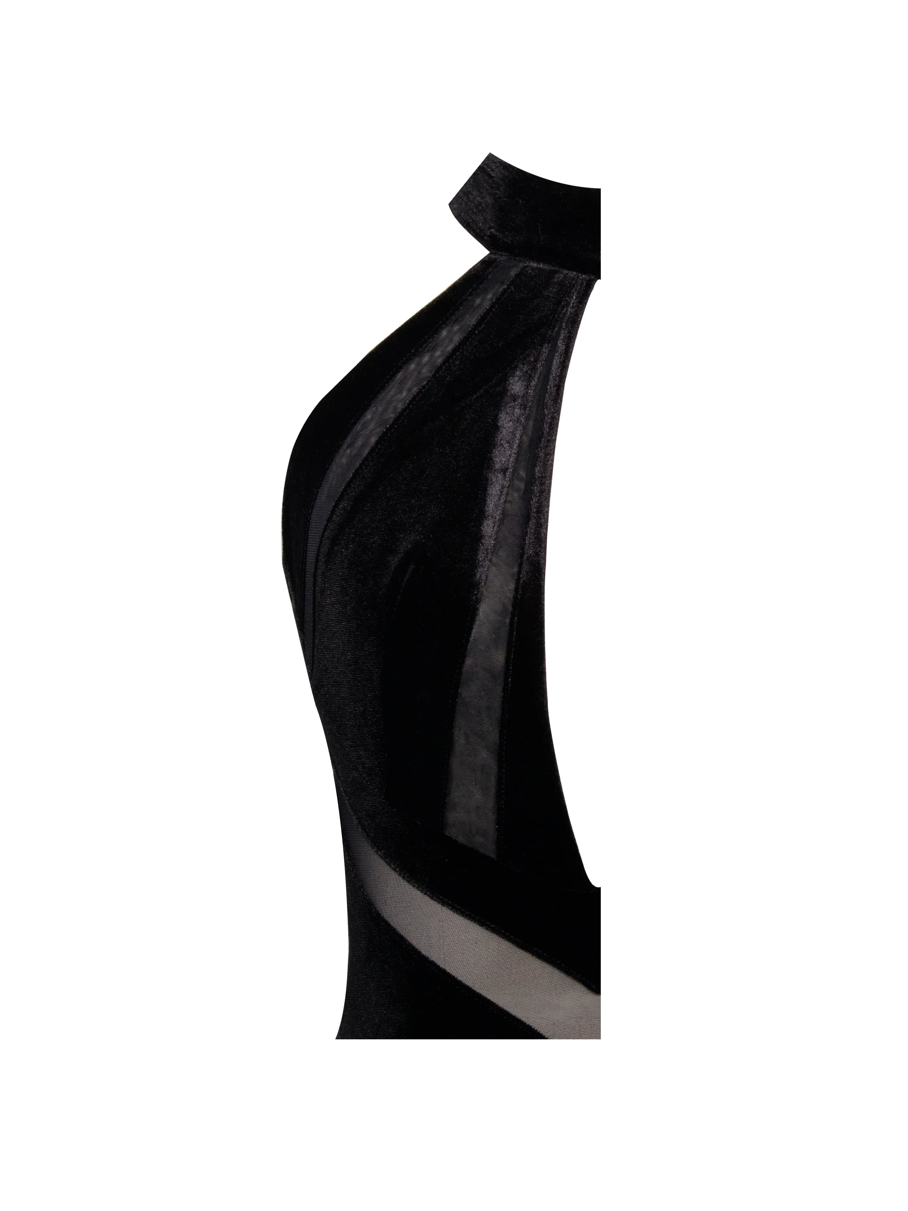 Paityn Black Velvet Mesh Cutout Halter Gown