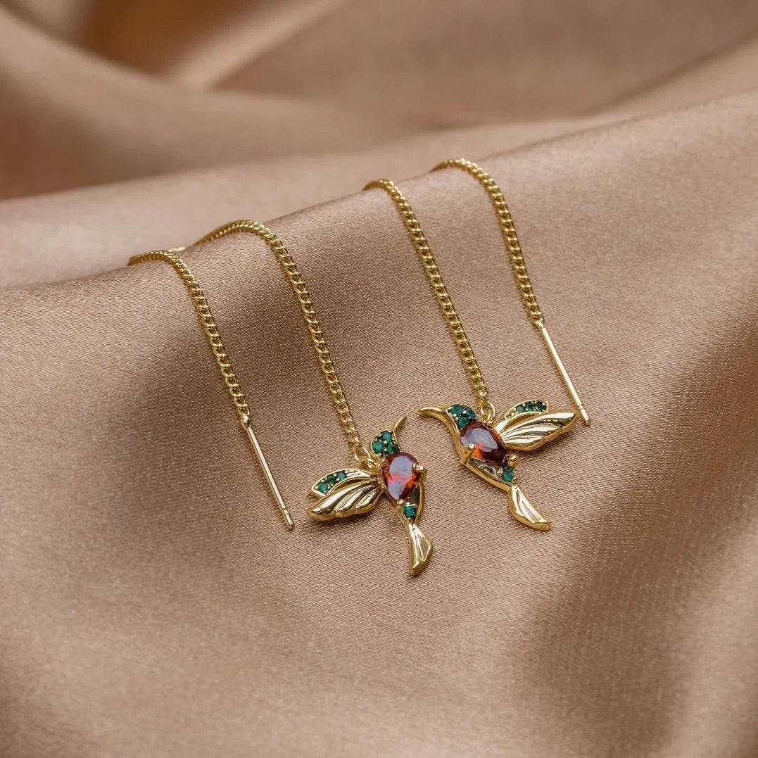 Vioraia Crystal Hummingbird Tassel Earrings