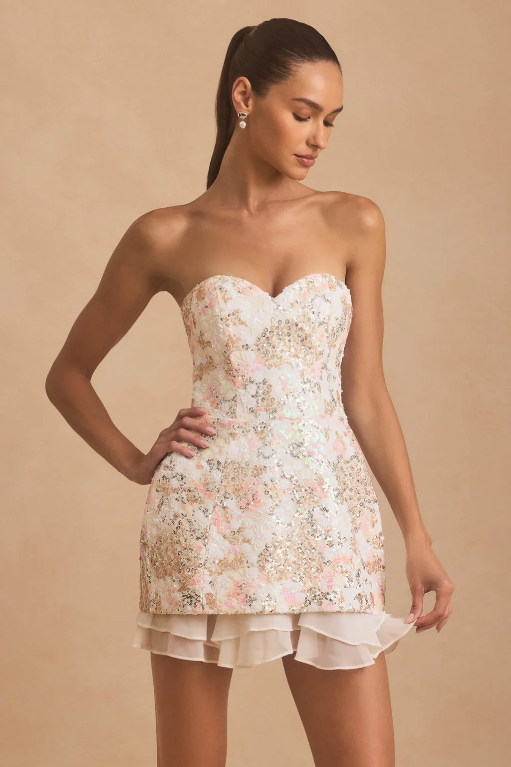 Sparkling Embellished Strapless Corset Mini Dress in Ivory