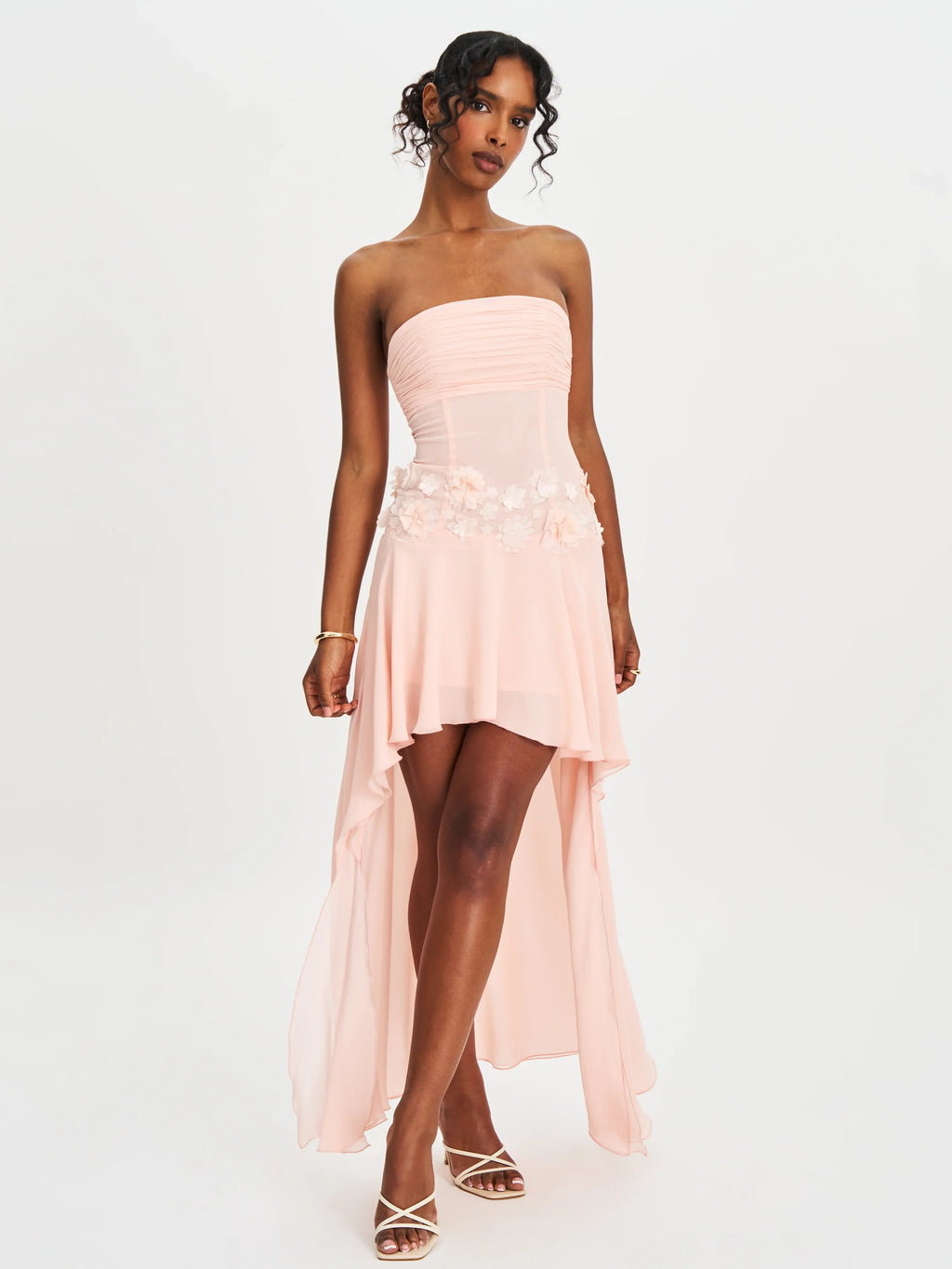 Mae Pink Ruched Breast Appliqué Trim Trailing Dress