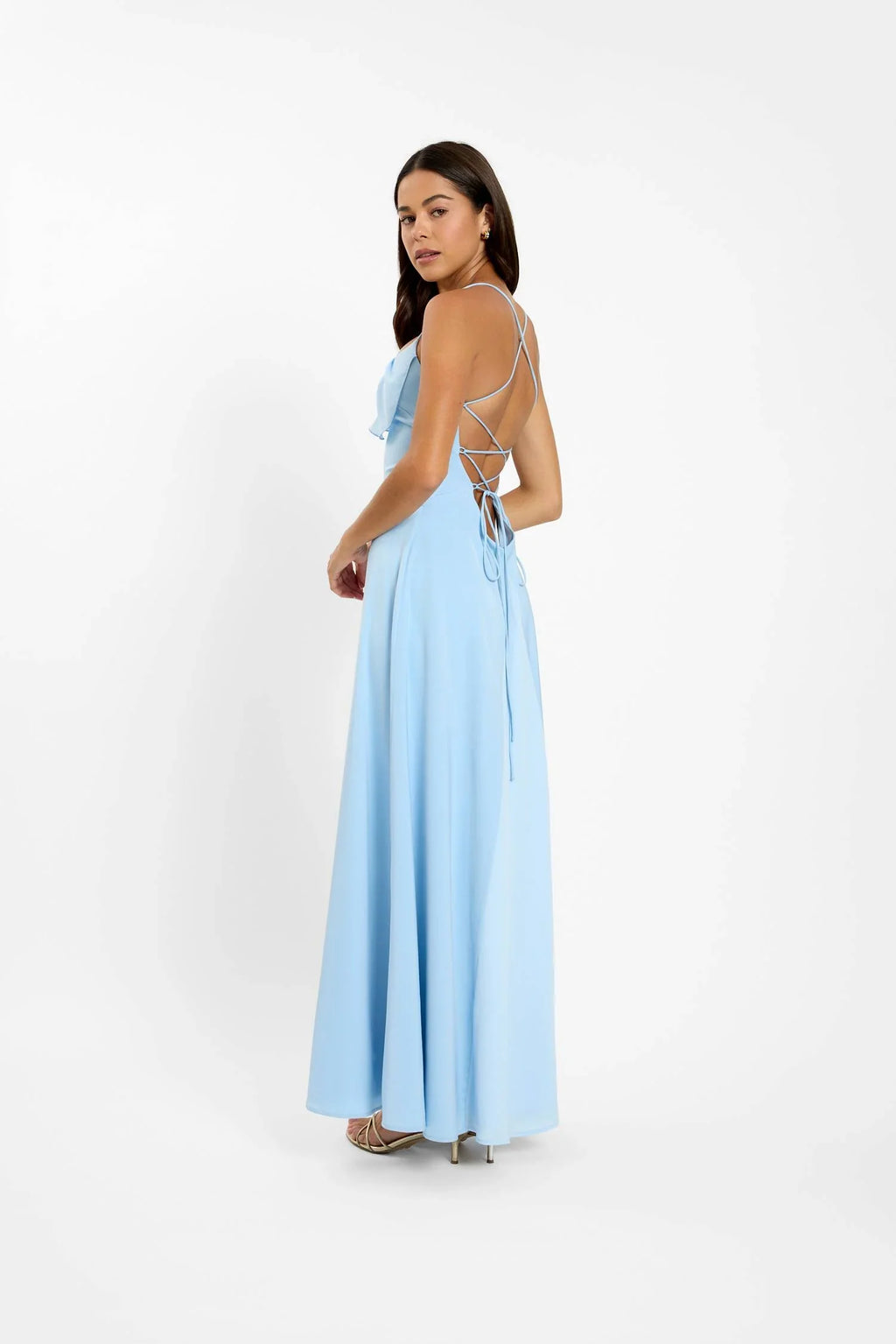 Pre-order: Frill Backless Maxi Dress | Baby Blue Satin