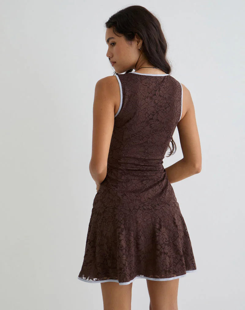 Luscian Mini Dress in Lace Chocolate with Blue Binding