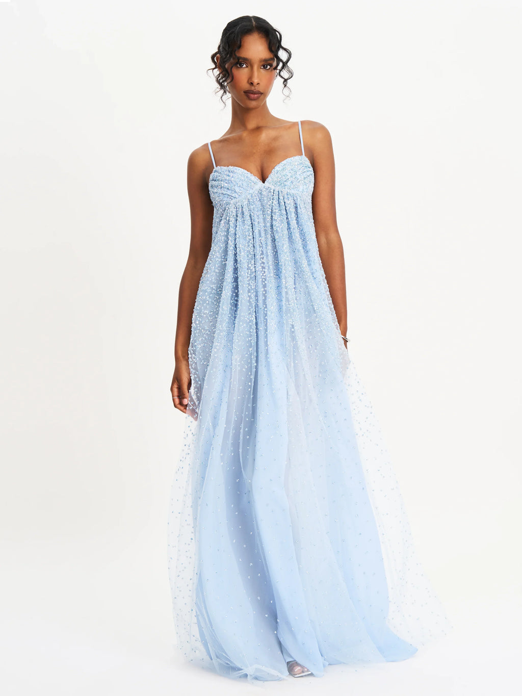 Wallie Baby Blue Rhinestone Embellished Mesh Backless Gown