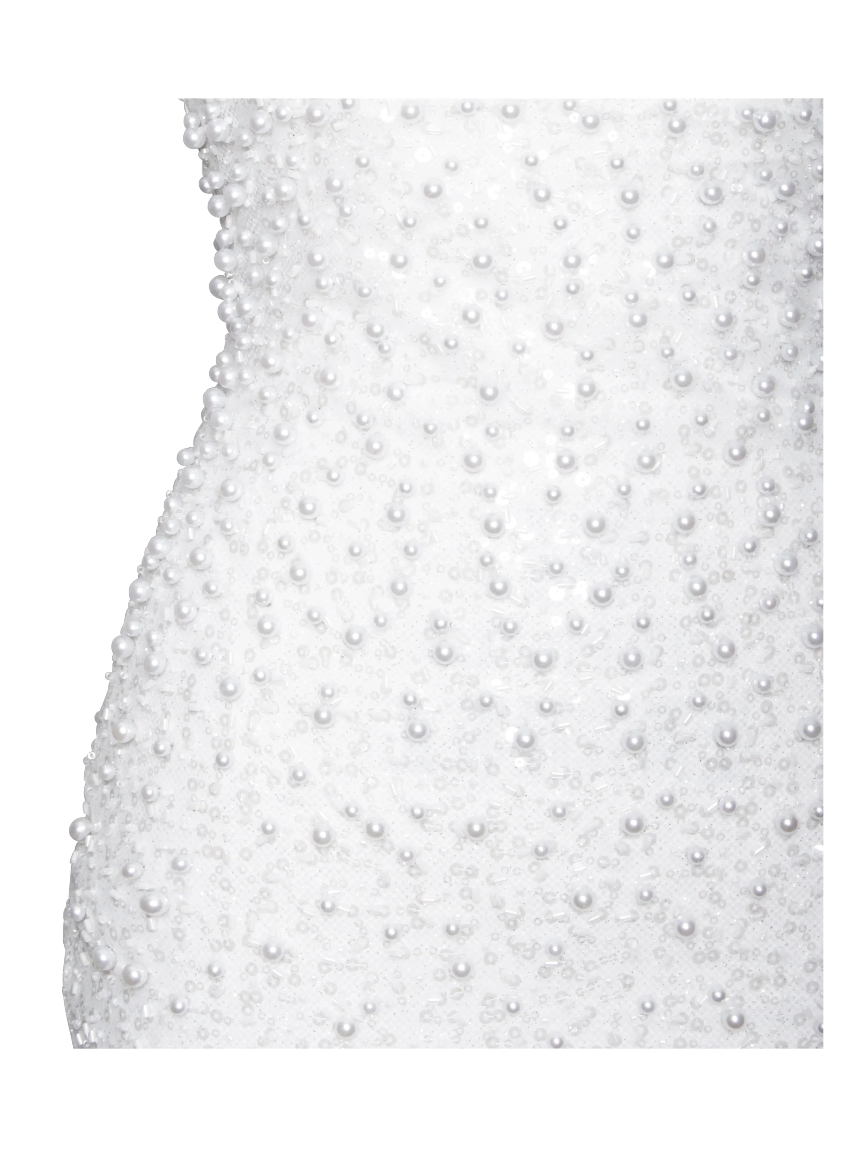Lainey White Satin Sequin Pearls Beaded Maxi Dress