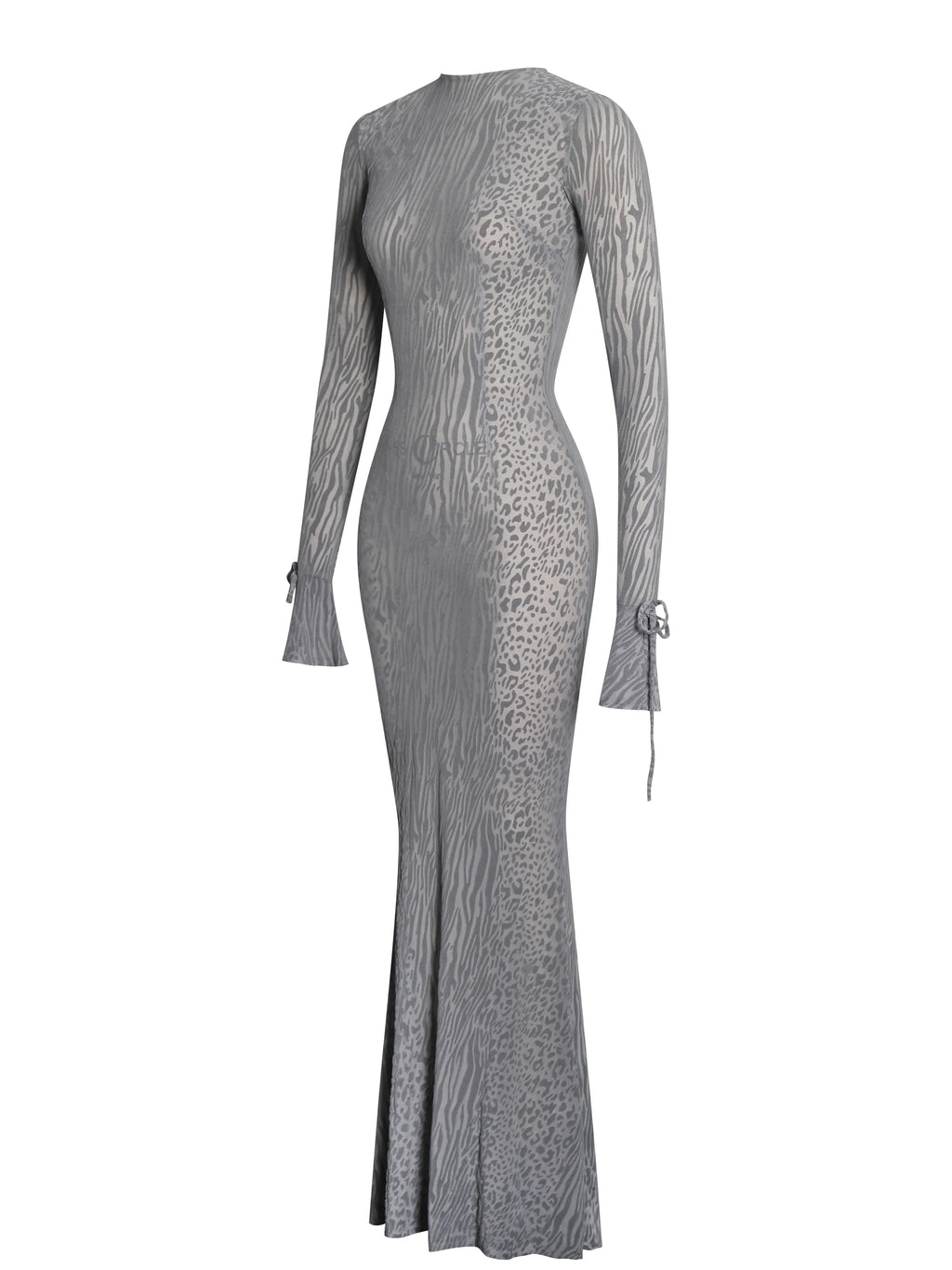 Waylynn Gray Animal Print Burnout Velvet Detail Mesh Backless Maxi Dress
