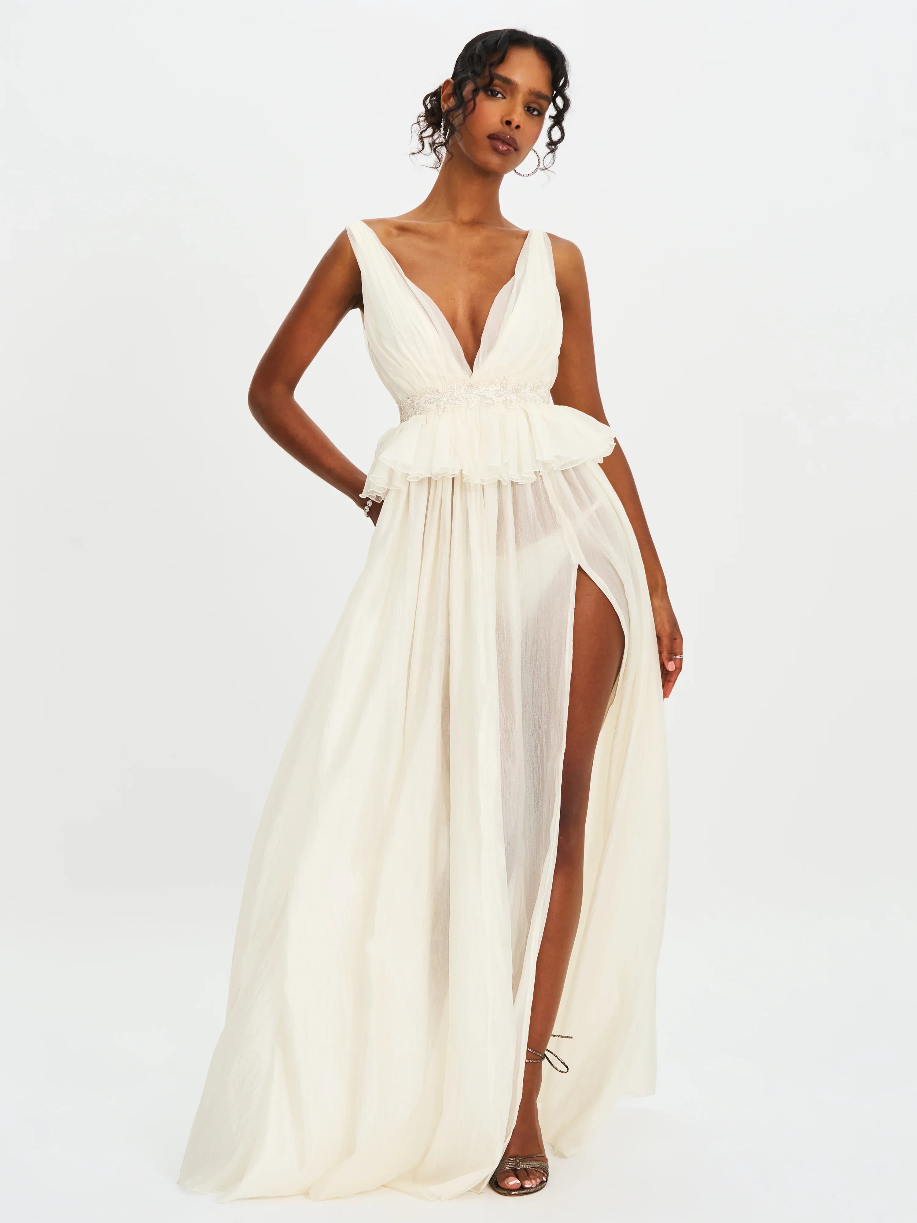Calleigh Off White Flare Beaded Belt Maxi Gown