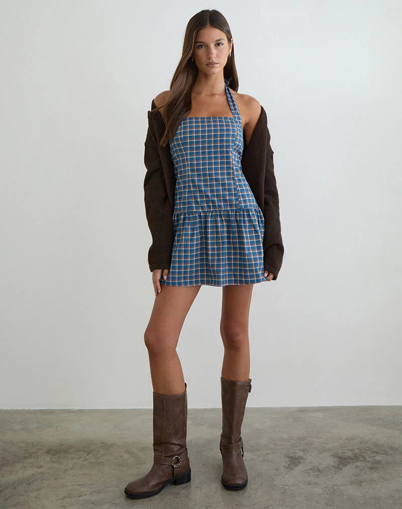 Panja Mini Halter Neck Dress in Medium Tartan Blue
