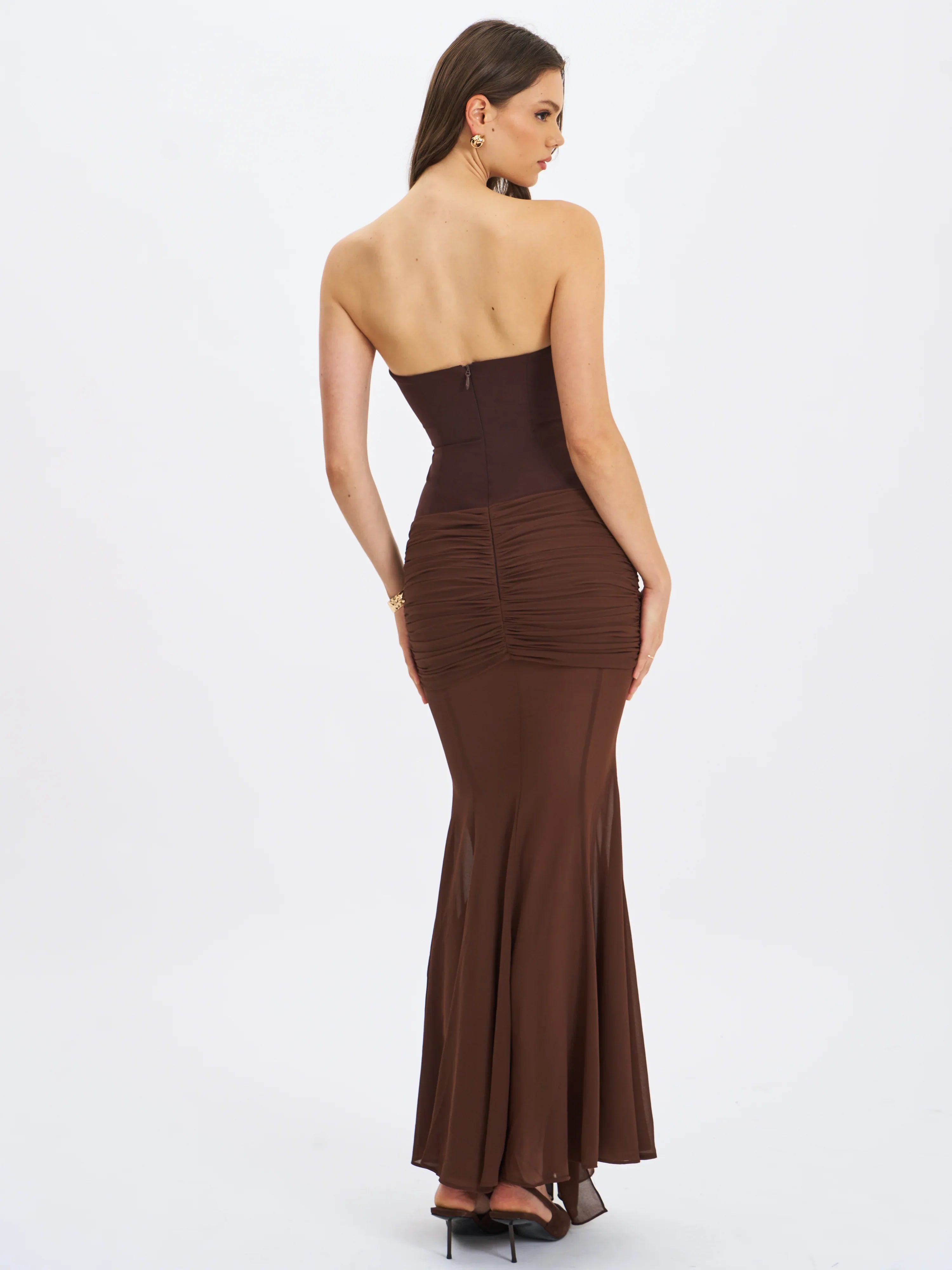 Giovana Espresso Sweetheart Draped Mesh Mermaid Maxi Dress