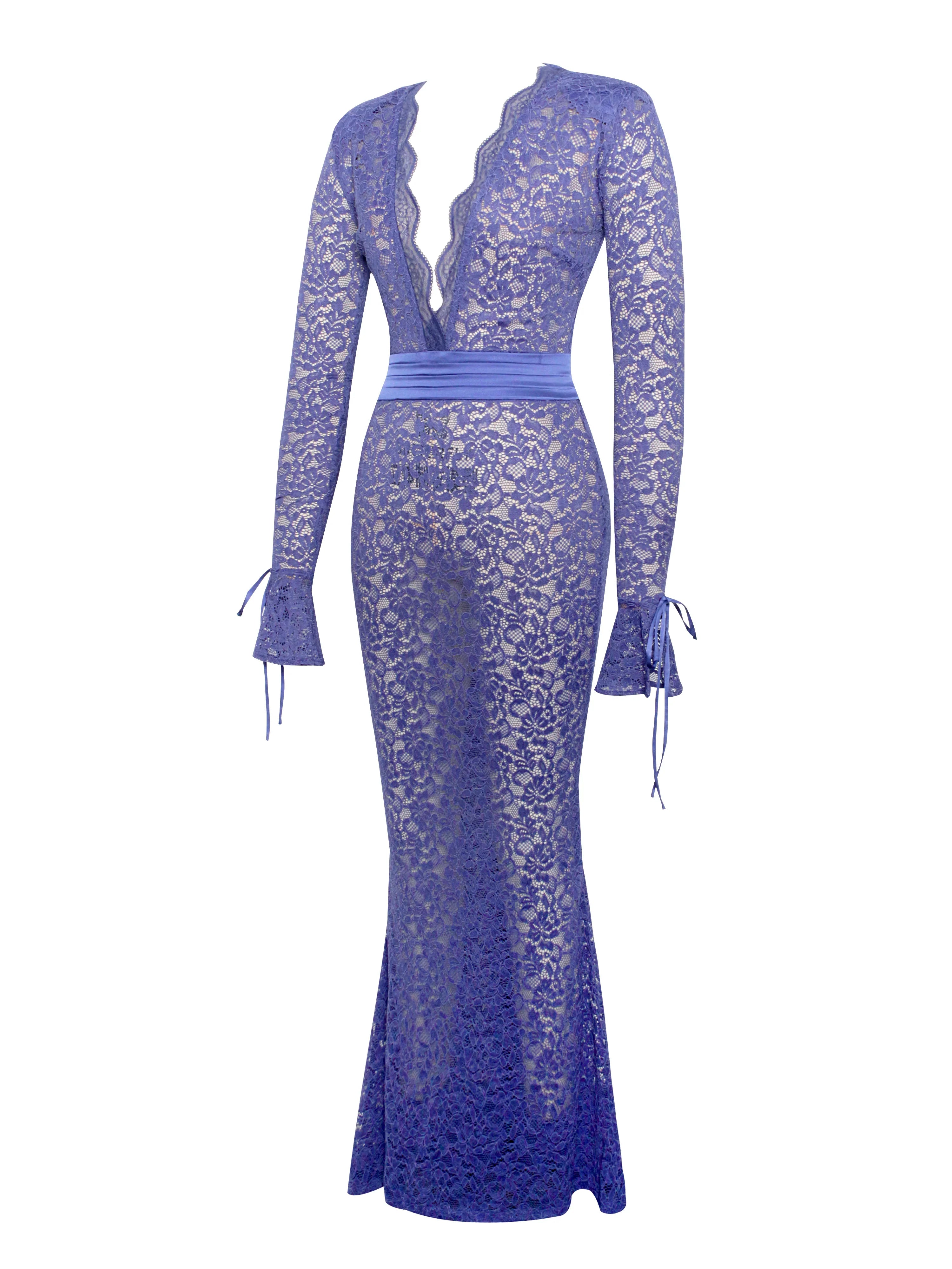 Giada Navy Lace Deep V Long Sleeve Maxi Dress