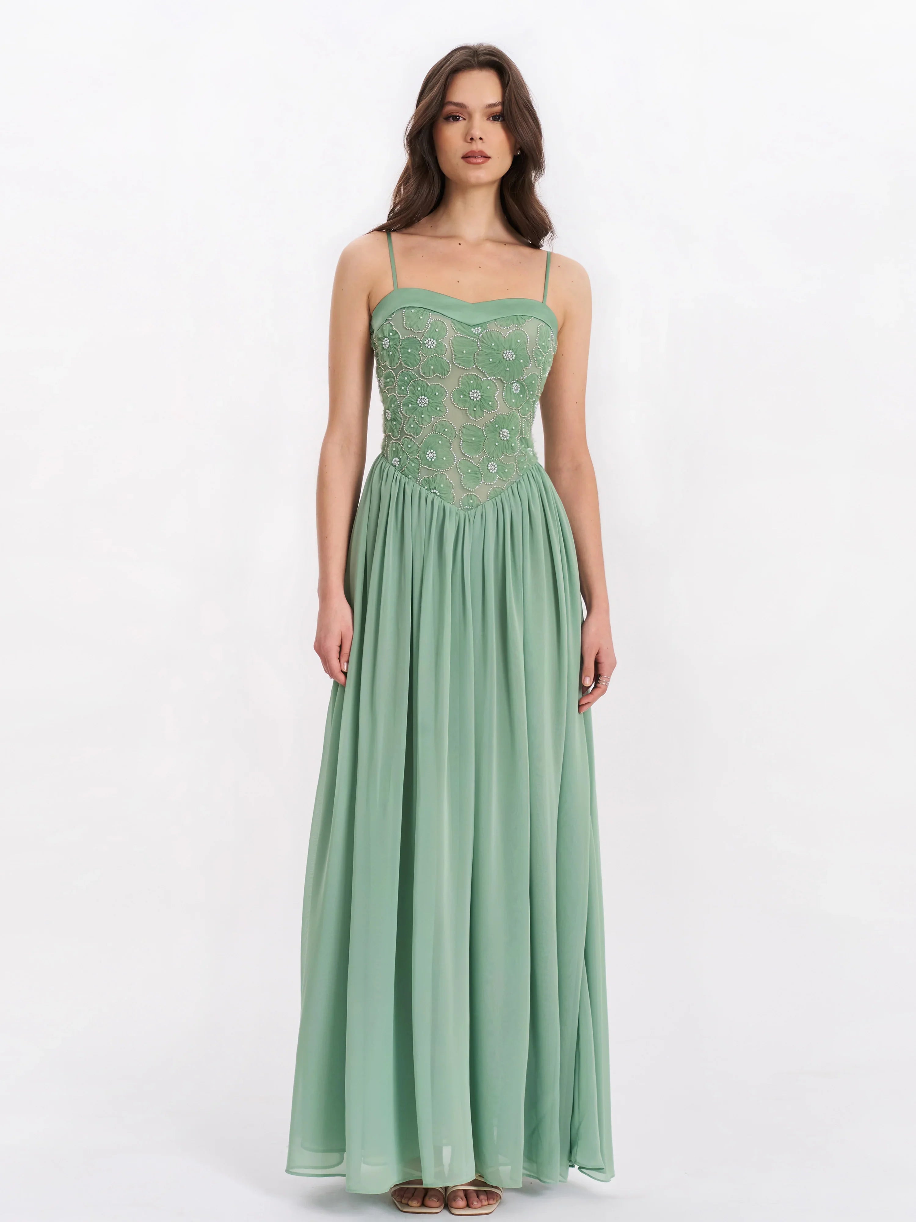 Ucille Sage Green Embroidered Chiffon Maxi Dress