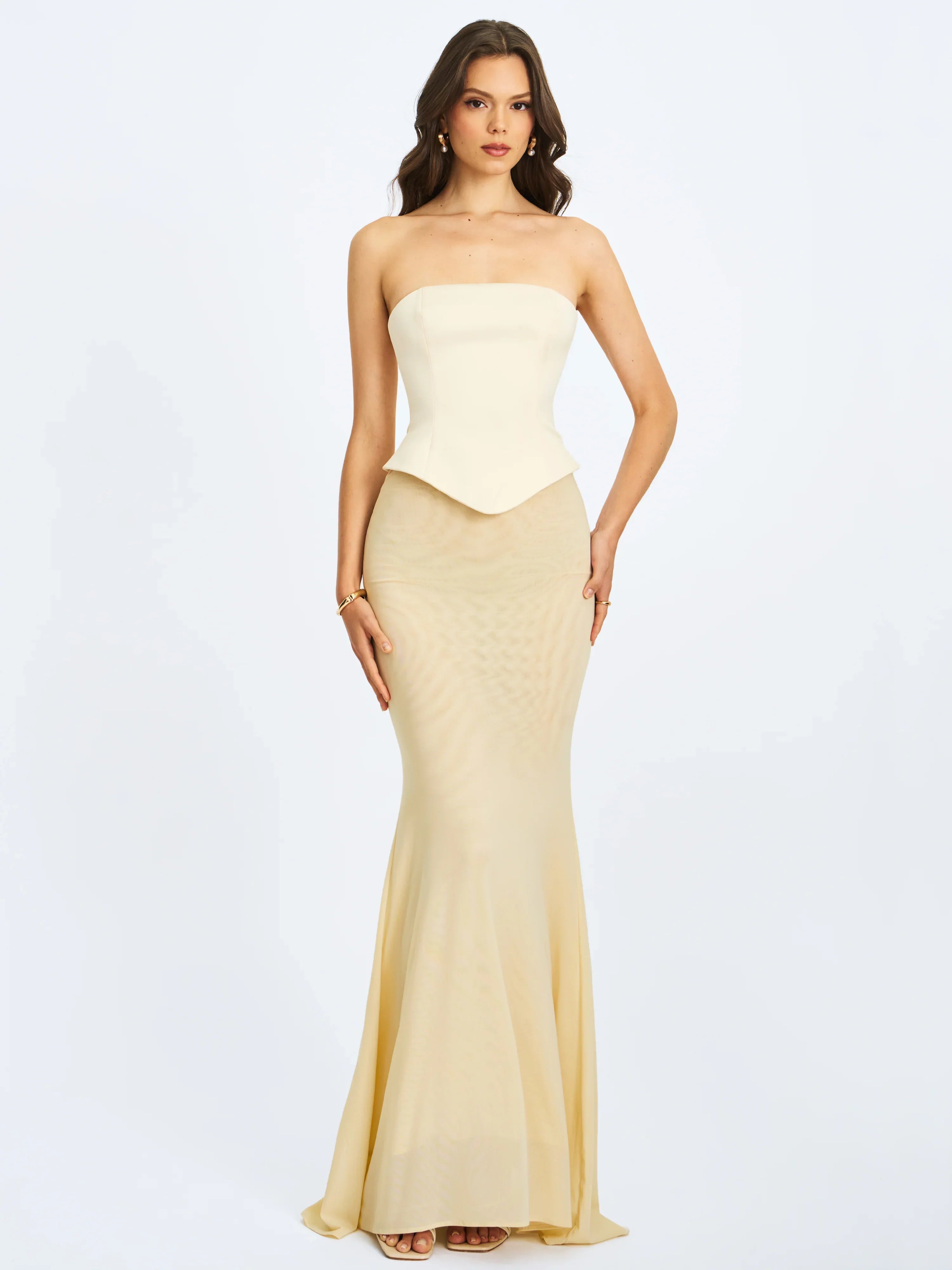 Adelina Butter Yellow Peplum Mermaid Gown with Lace-up Back