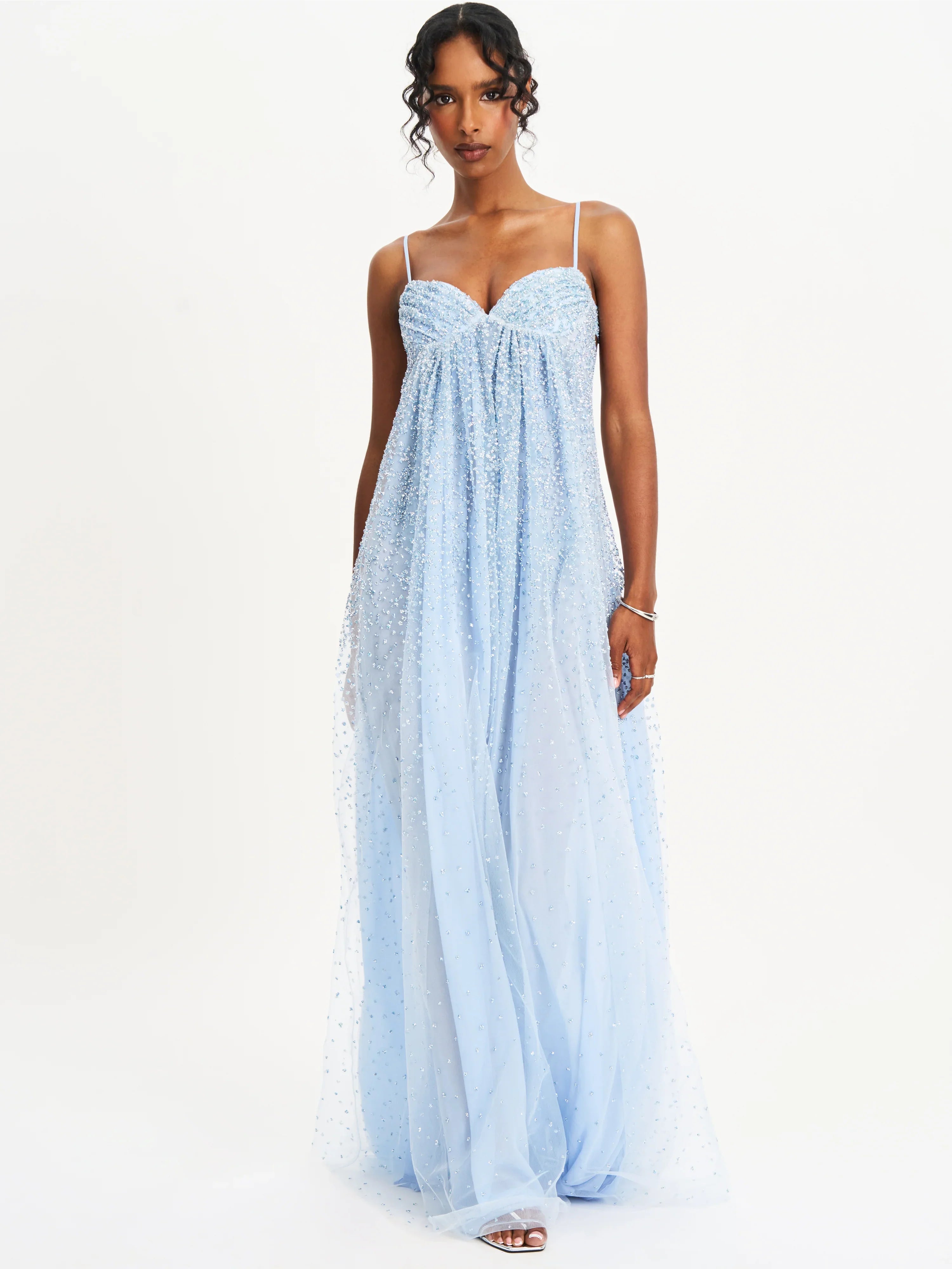Wallie Baby Blue Rhinestone Embellished Mesh Backless Gown