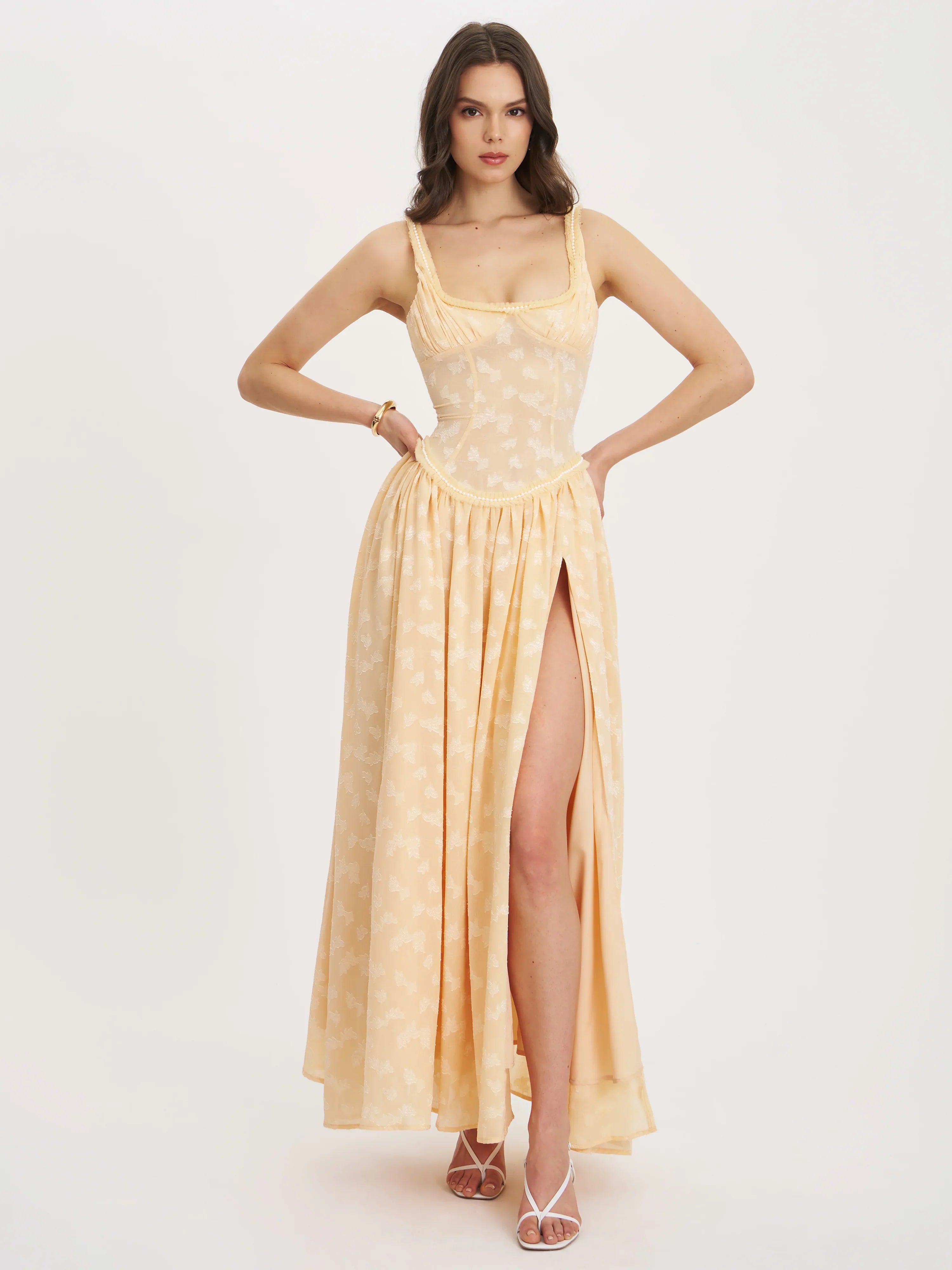 Ulissa Orange Square Neck Jacquard Textured High Slit Maxi Dress