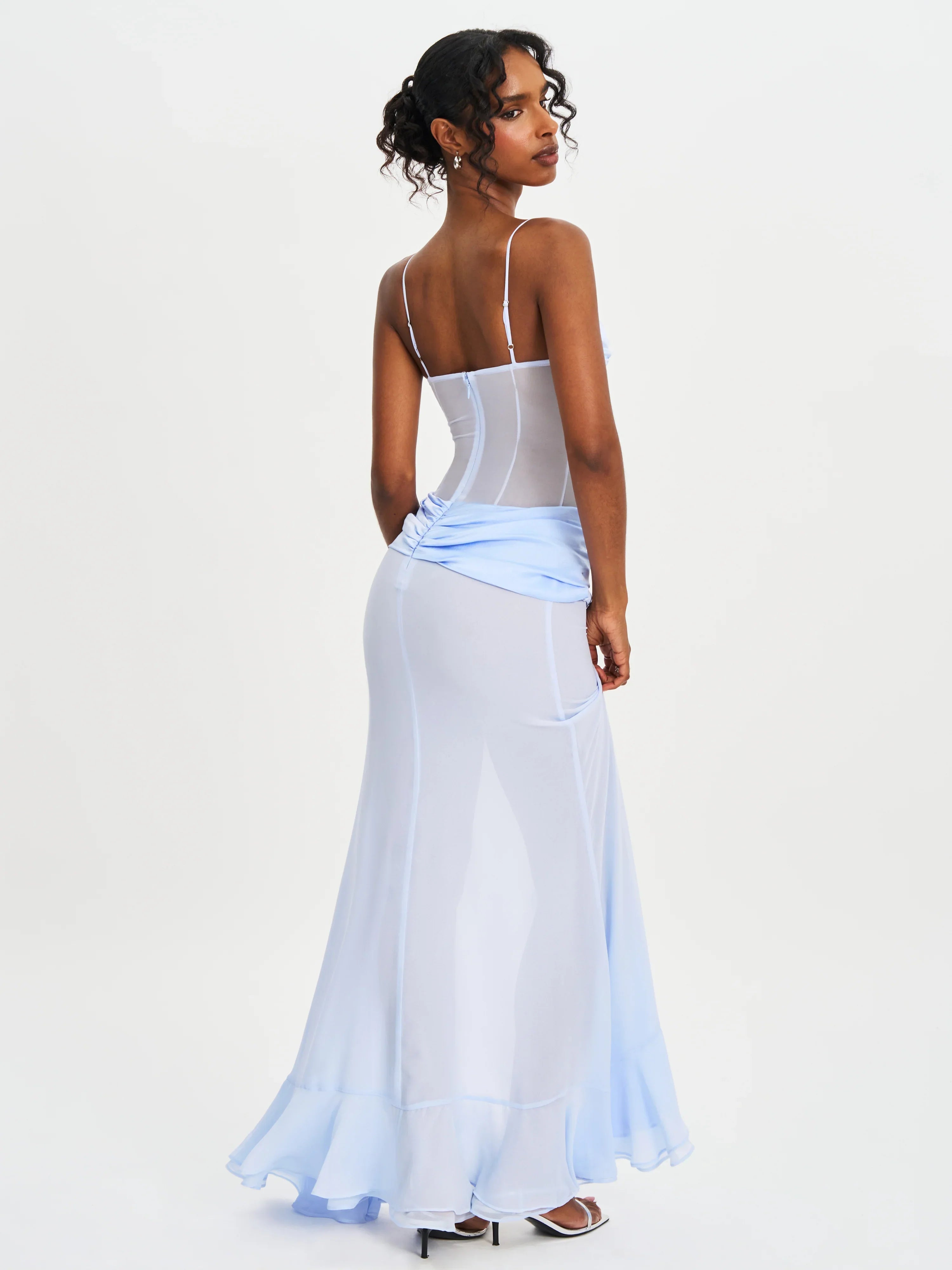 Lacy Blue Ruched Breast High Slit Chiffon Dress