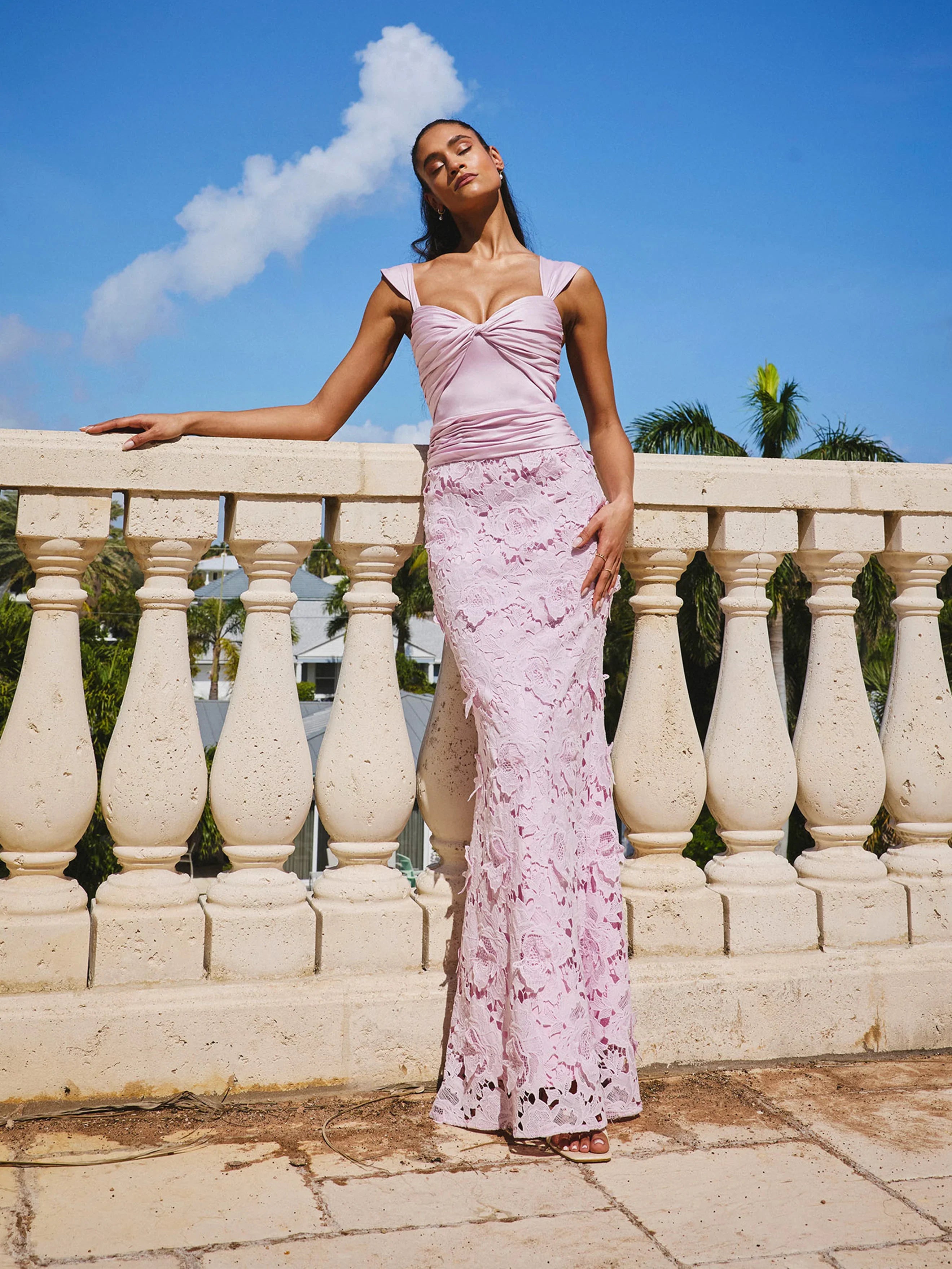 Dahlia Pink Floral Lace Mermaid Gown