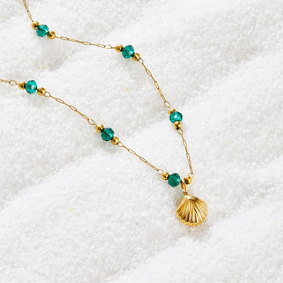 Vioraia Nerissa Gold Shell & Green Bead Necklace