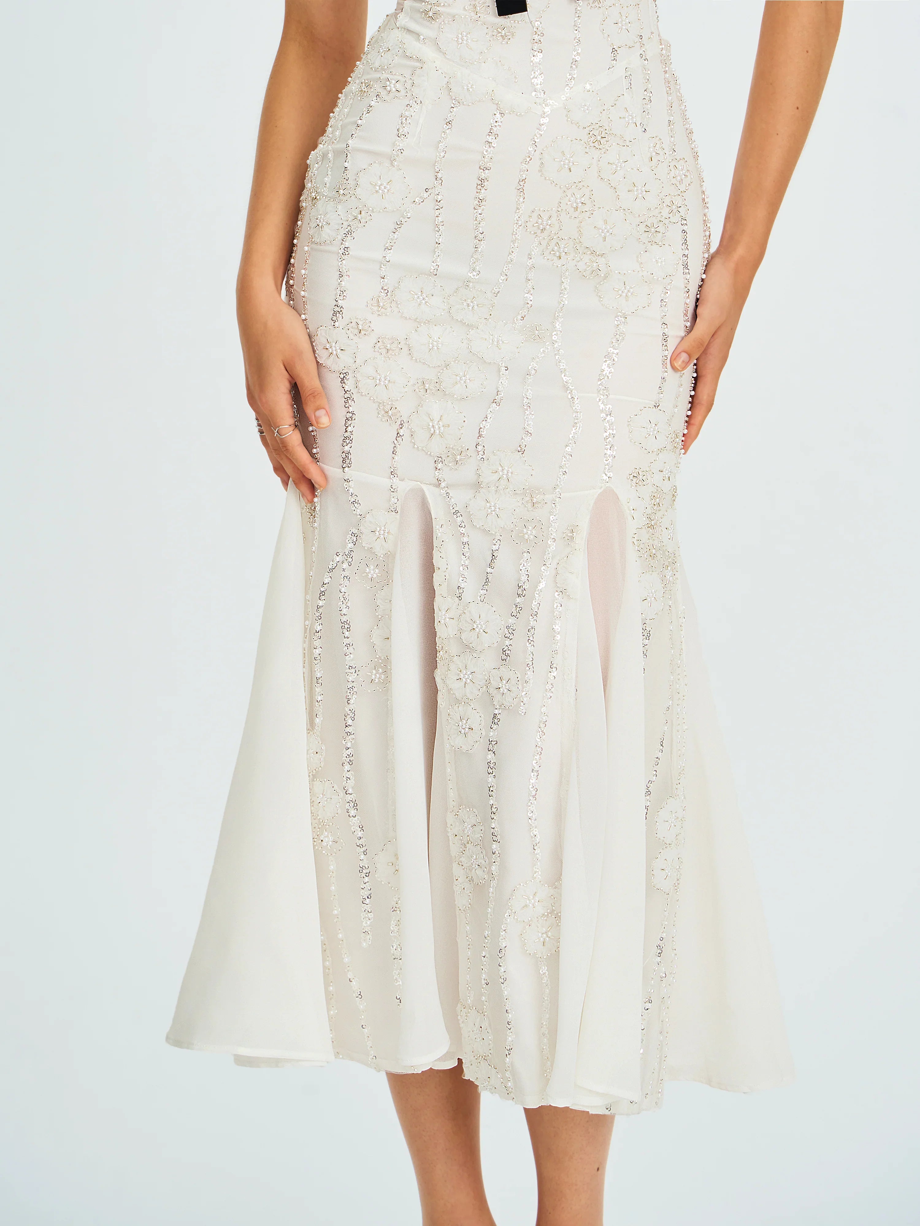 Paola White Peter Pan Collar Beaded Sequin Mermaid Midi Dress