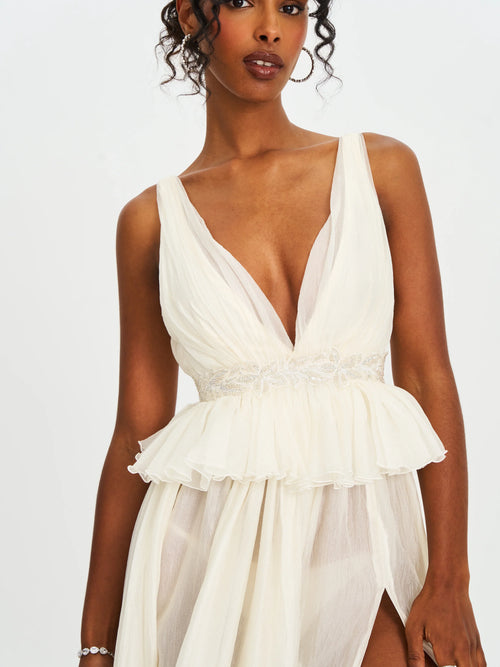 Calleigh Off White Flare Beaded Belt Maxi Gown