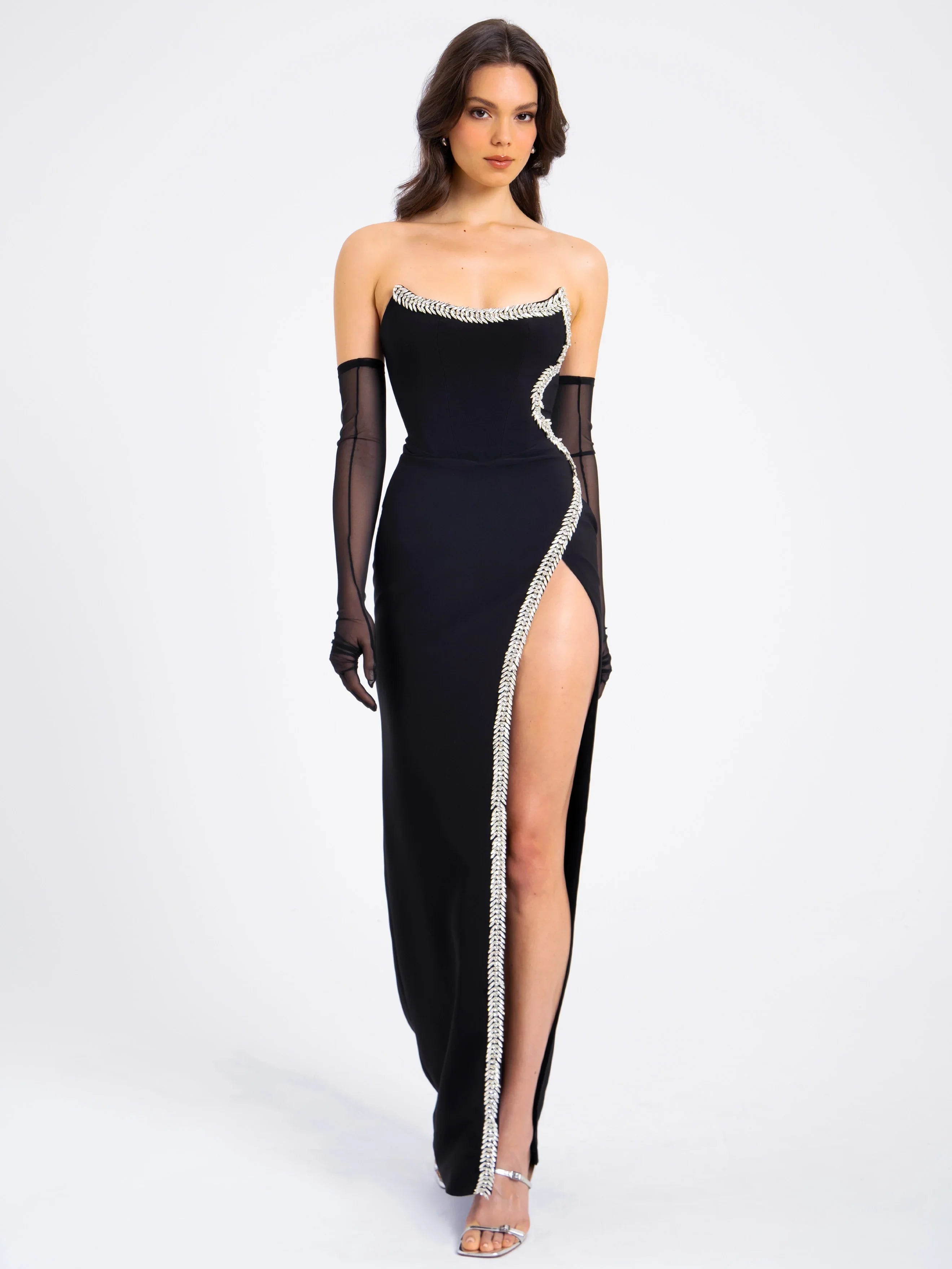 Xoana Black Crystal Embellished High Slit Gown